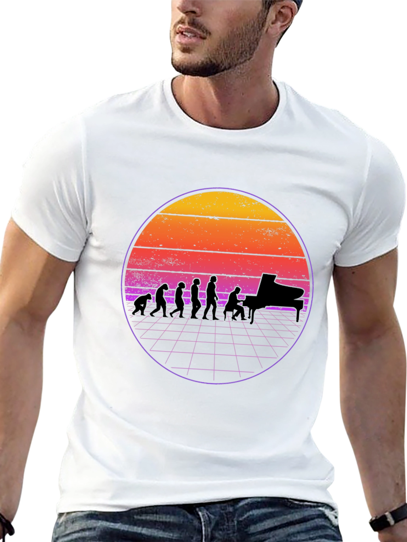 Piano Evolution T-Shirt - Retro Sunset Design