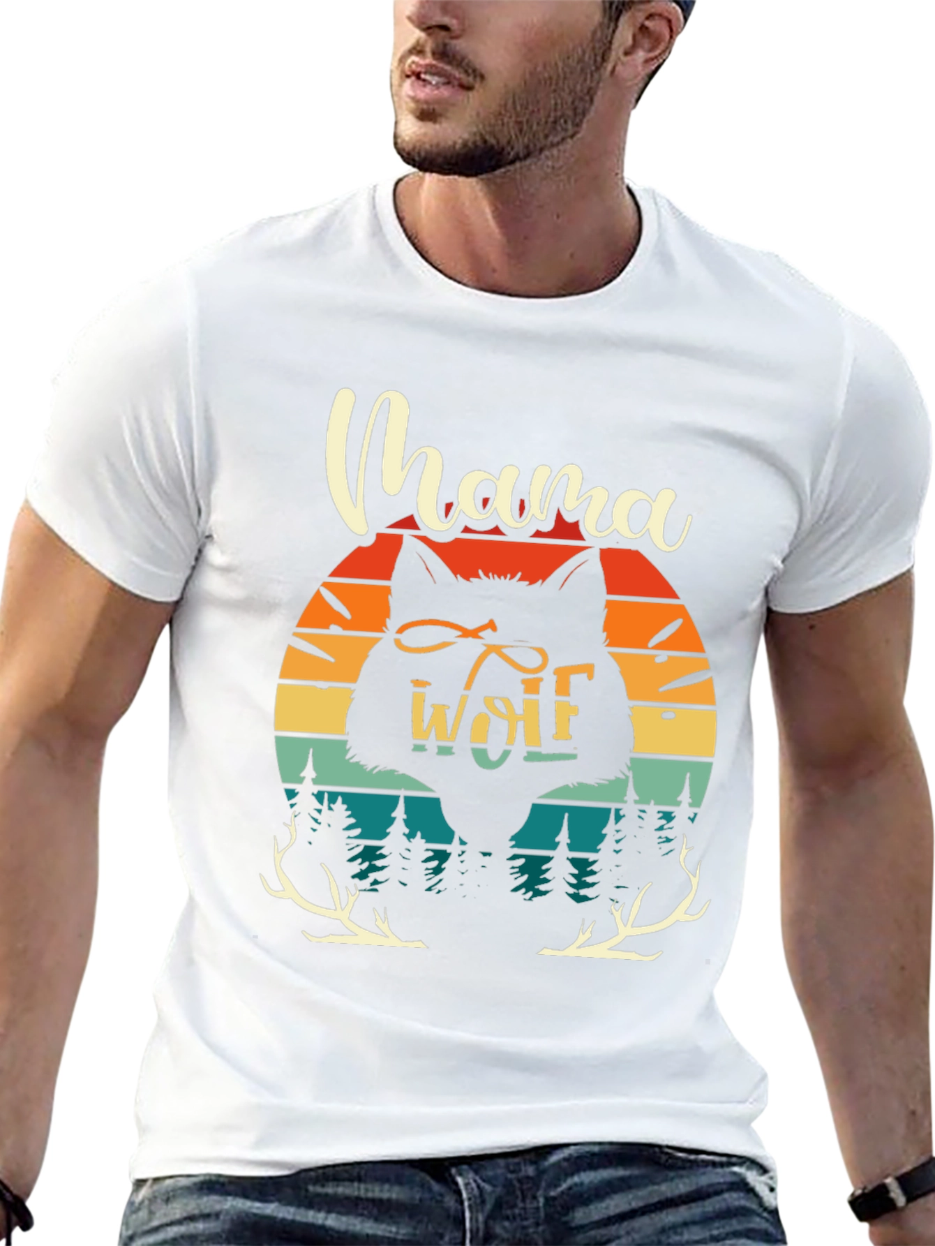 Mama Wolf Graphic Tee - Retro Sunset Design