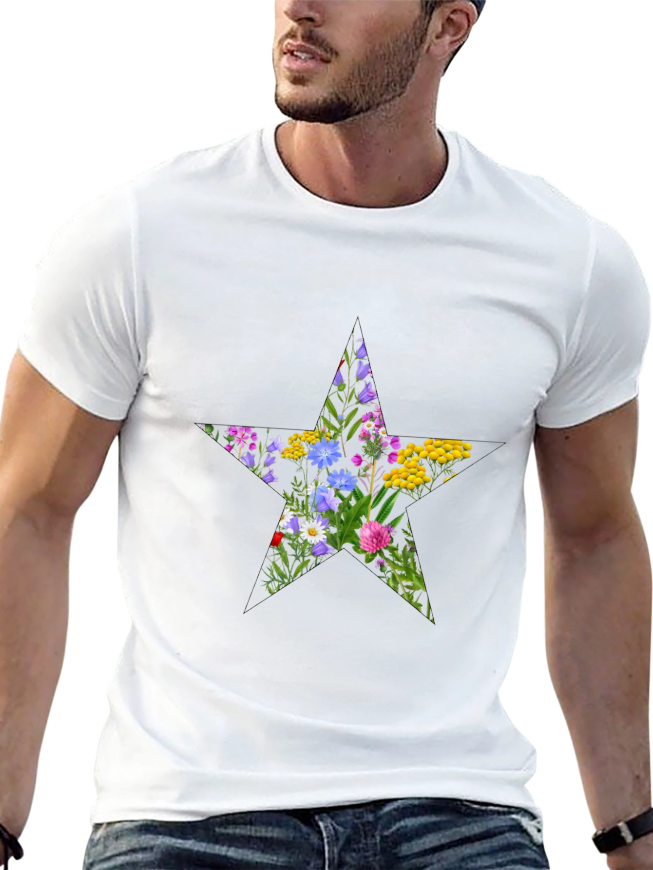 Floral Star Graphic Tee - Black Cotton T-Shirt