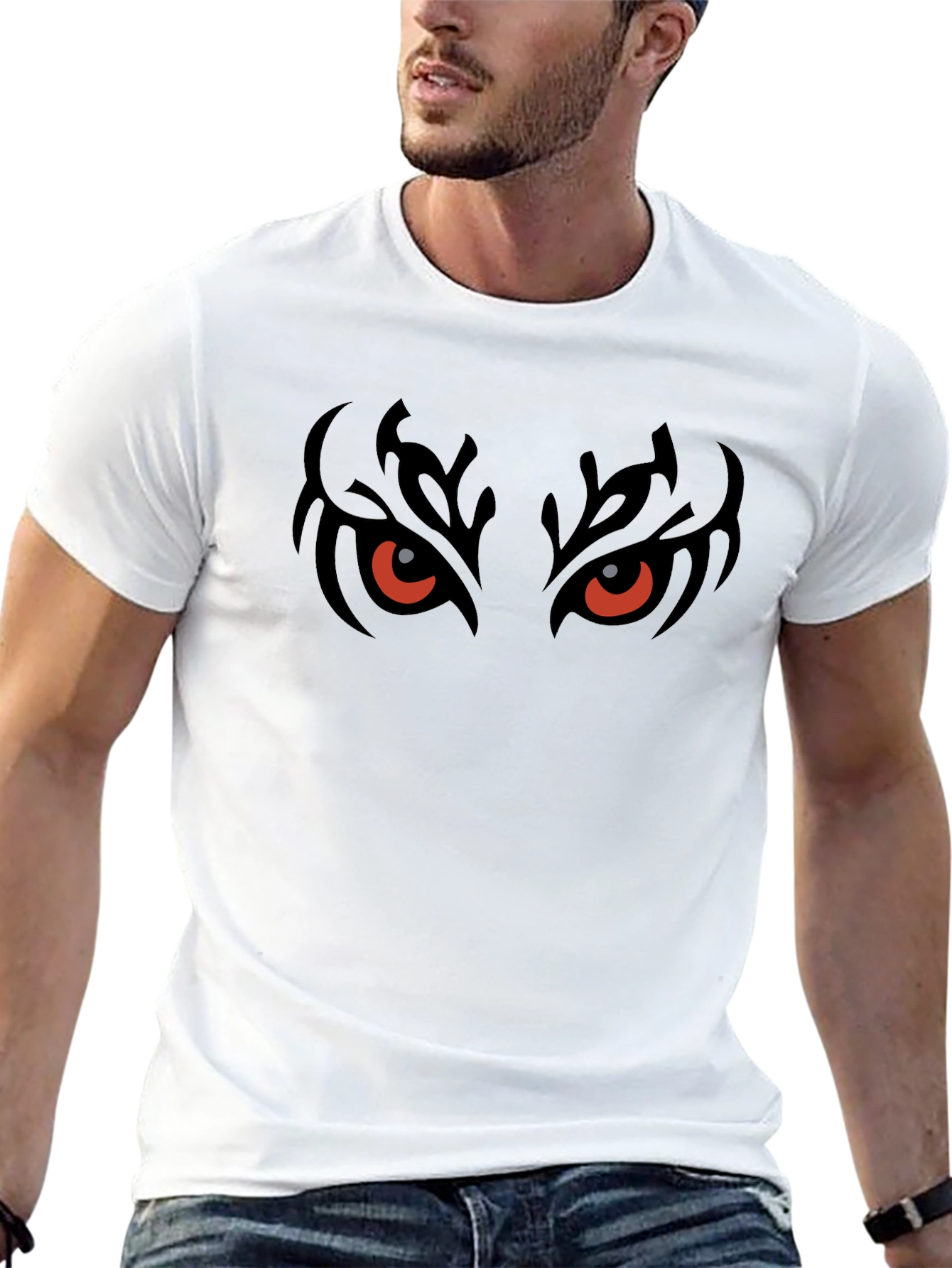 Mens Black T-Shirt with Fiery Eyes Graphic