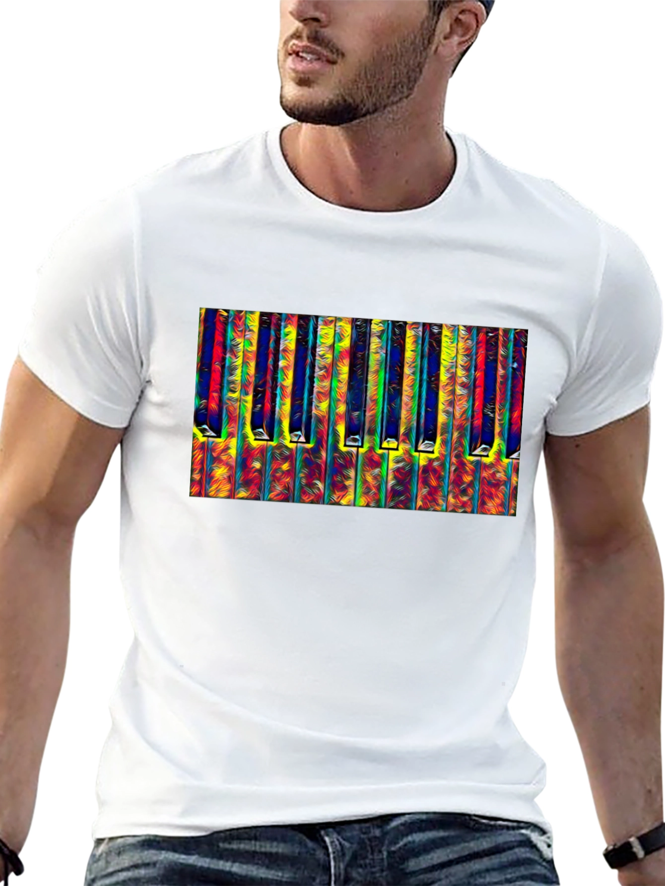 Abstract Piano Keys Graphic Tee - Black Cotton T-Shirt