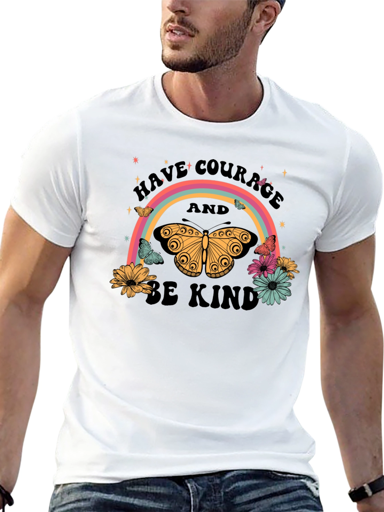 Courage and Kindness Butterfly Rainbow Graphic Tee