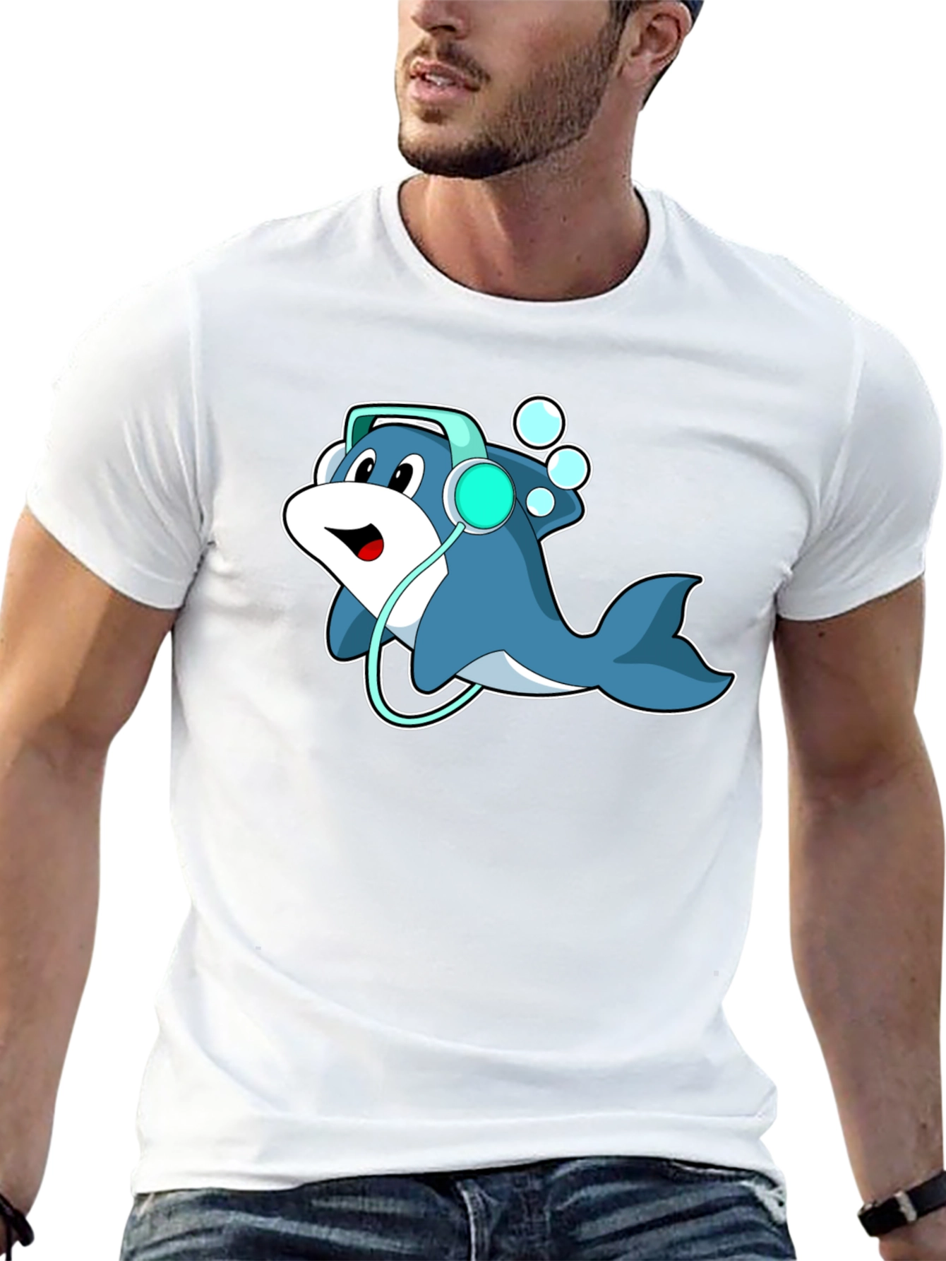 Cartoon Dolphin Headphone Graphic Tee