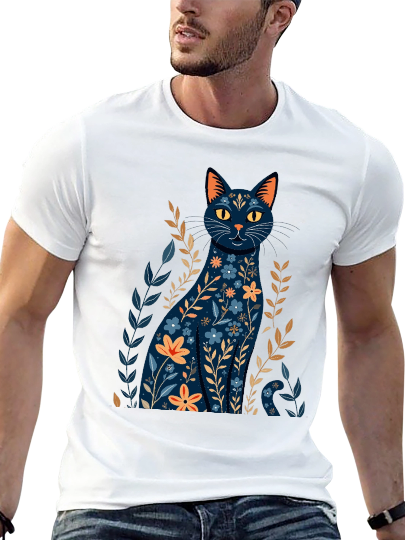 Floral Cat Graphic T-Shirt - Stylish Black Tee