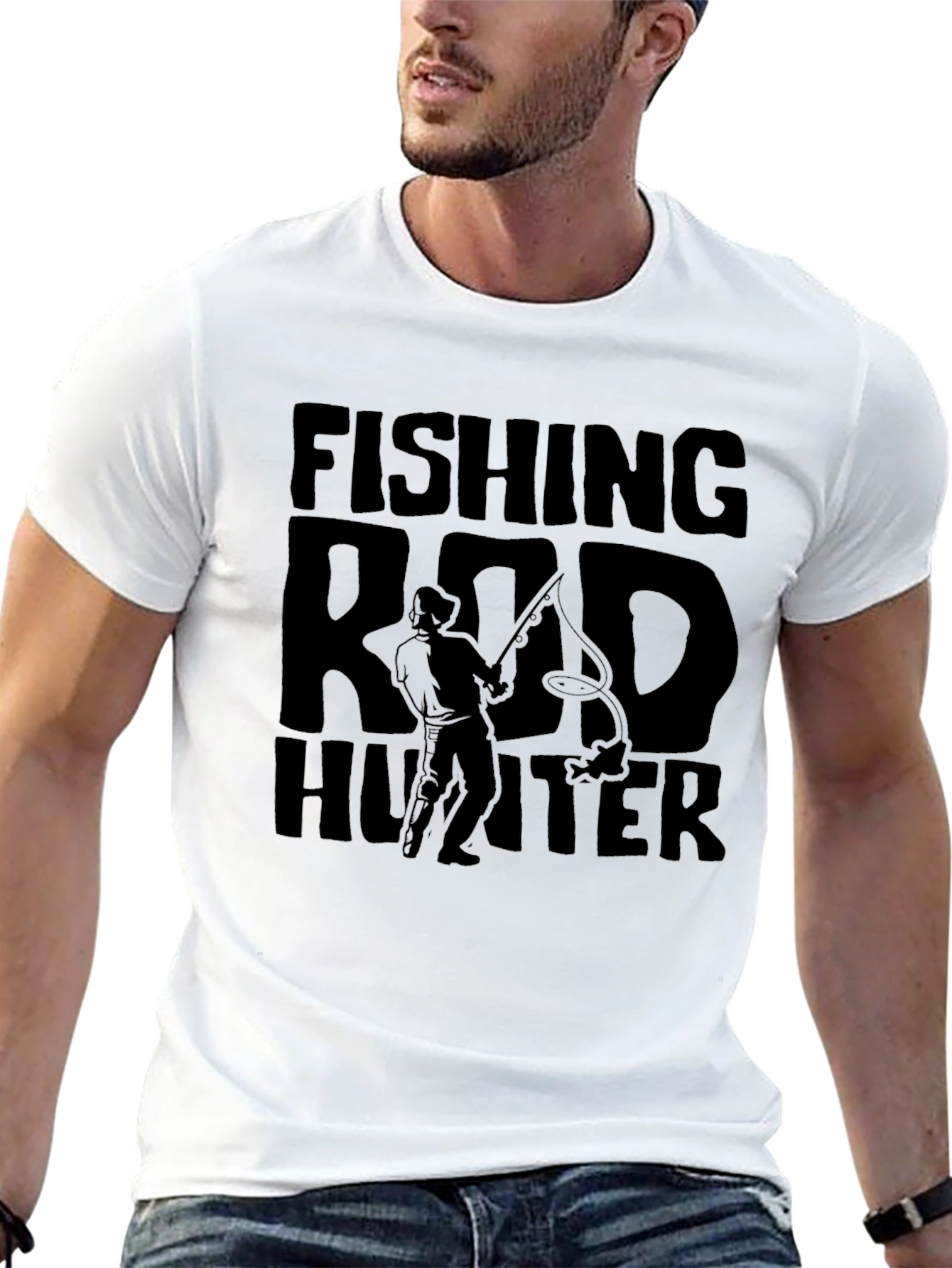 Fishing Rod Hunter Graphic T-Shirt - Black Cotton Tee