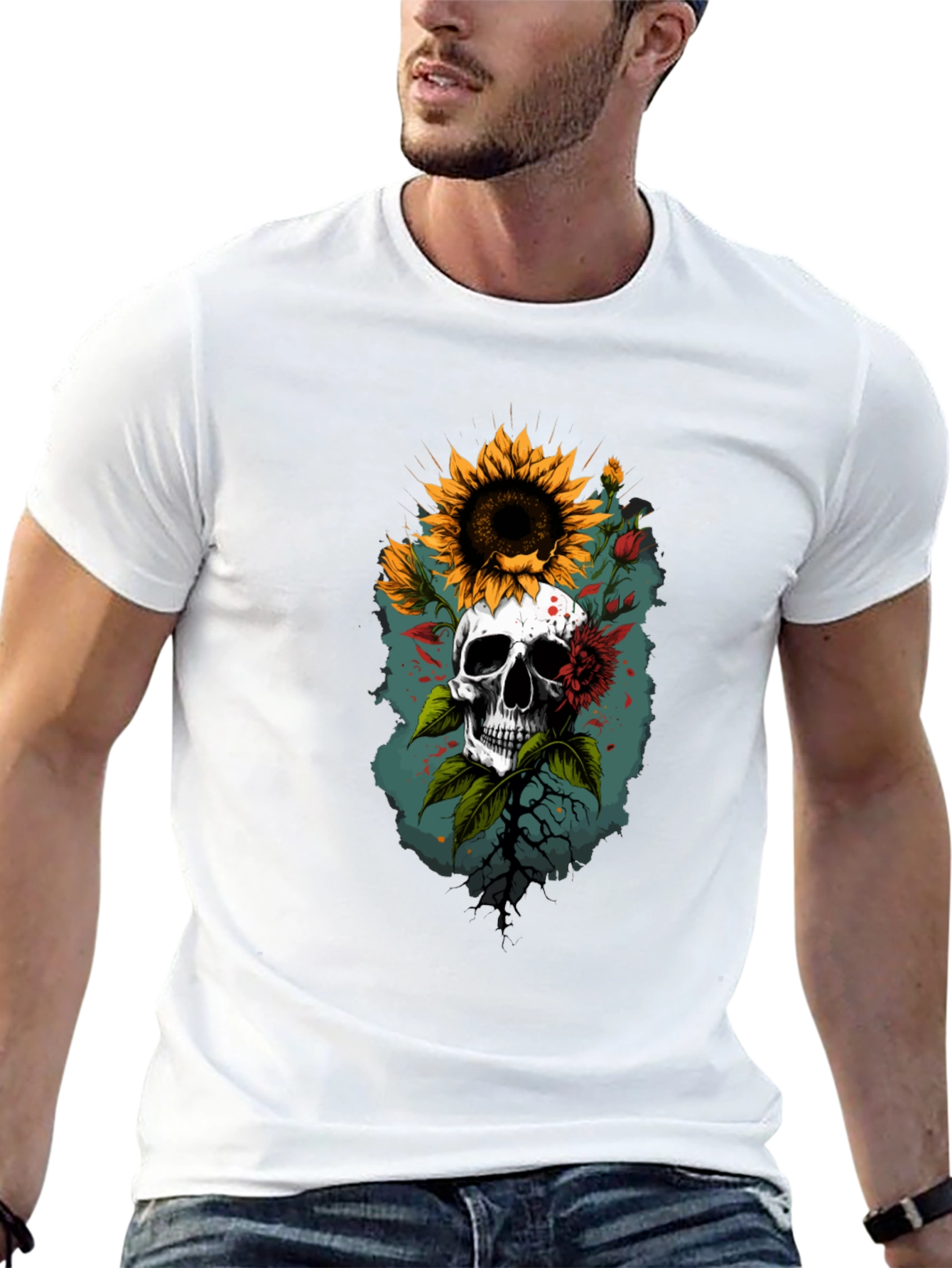 Skull & Sunflower Graphic T-Shirt - Unique Design