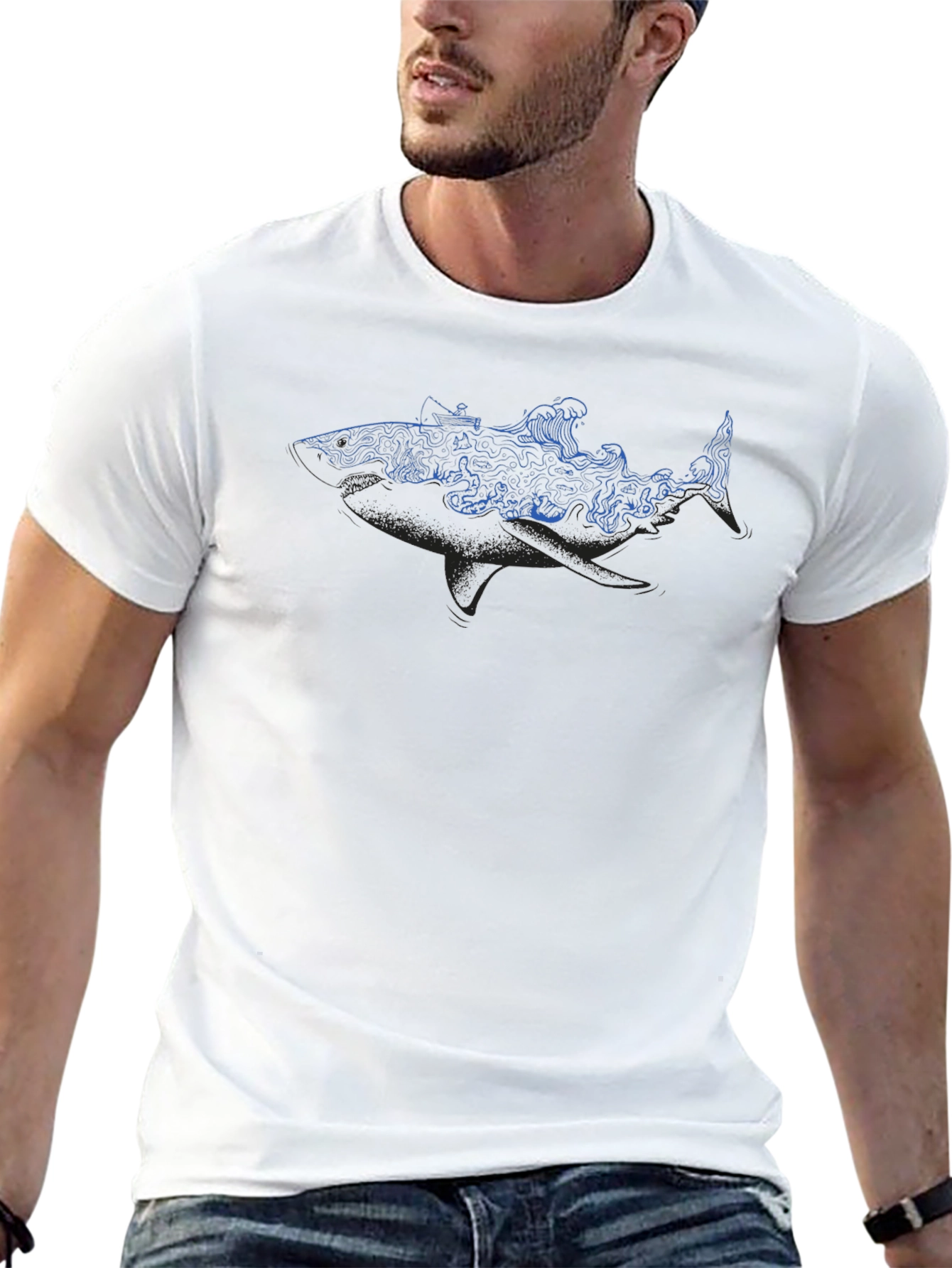 Shark Ocean Wave Graphic Tee - Black