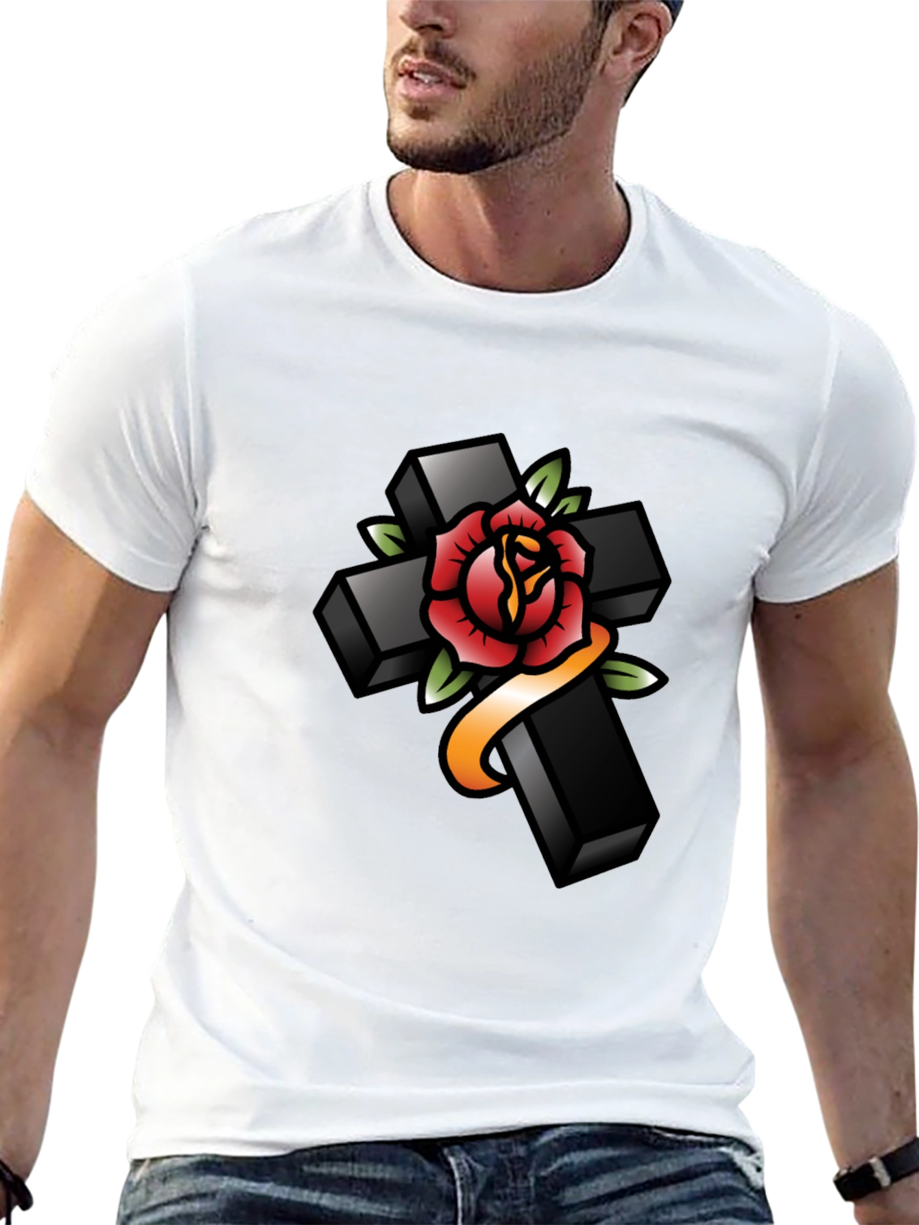 Cross & Rose Tattoo Graphic Black T-Shirt