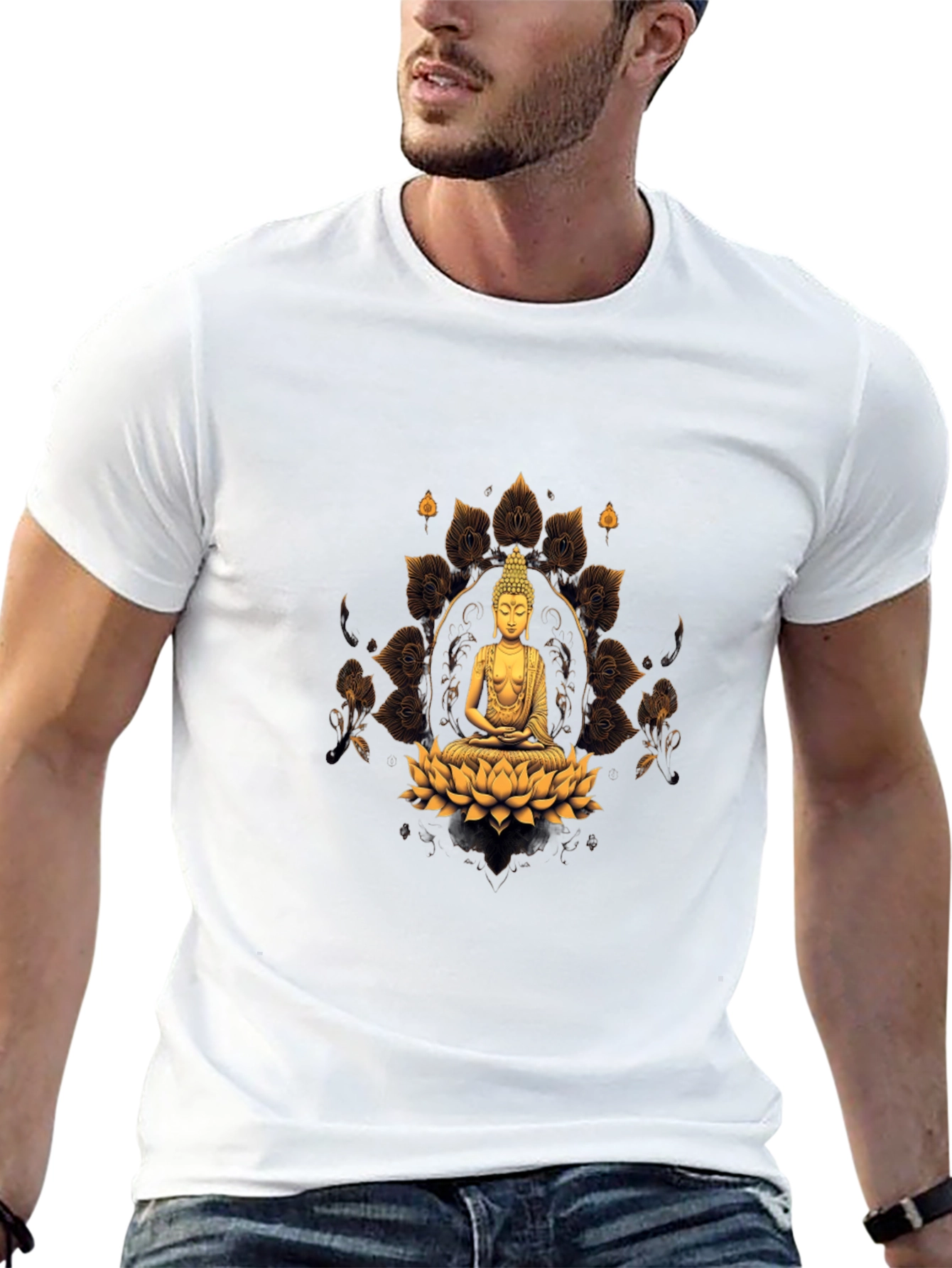 Buddha Lotus Flower Graphic Print Black T-Shirt