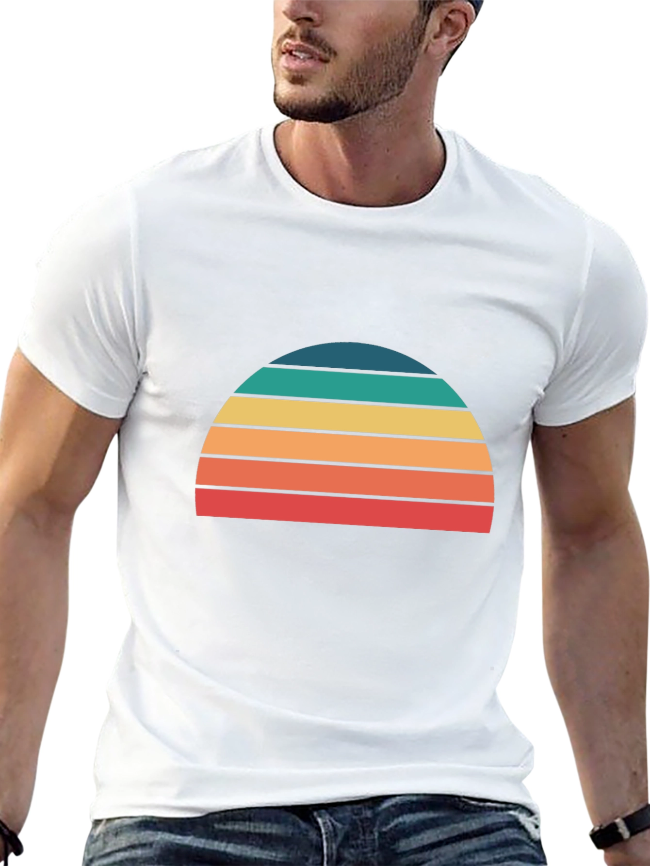 Retro Sunset Striped Graphic Tee - Black