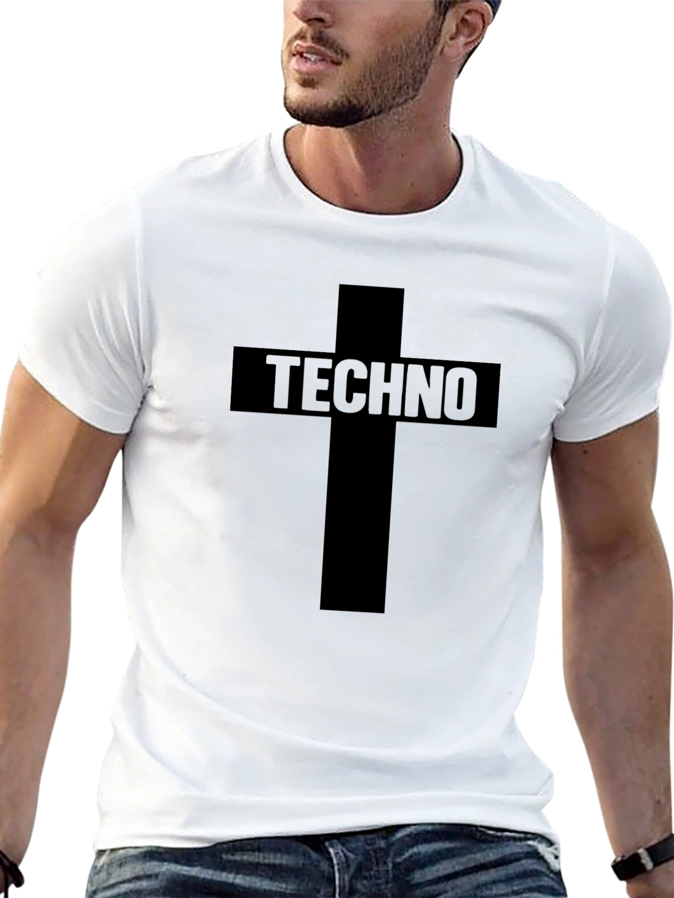 Techno Music Graphic T-Shirt - Cross Design - Black