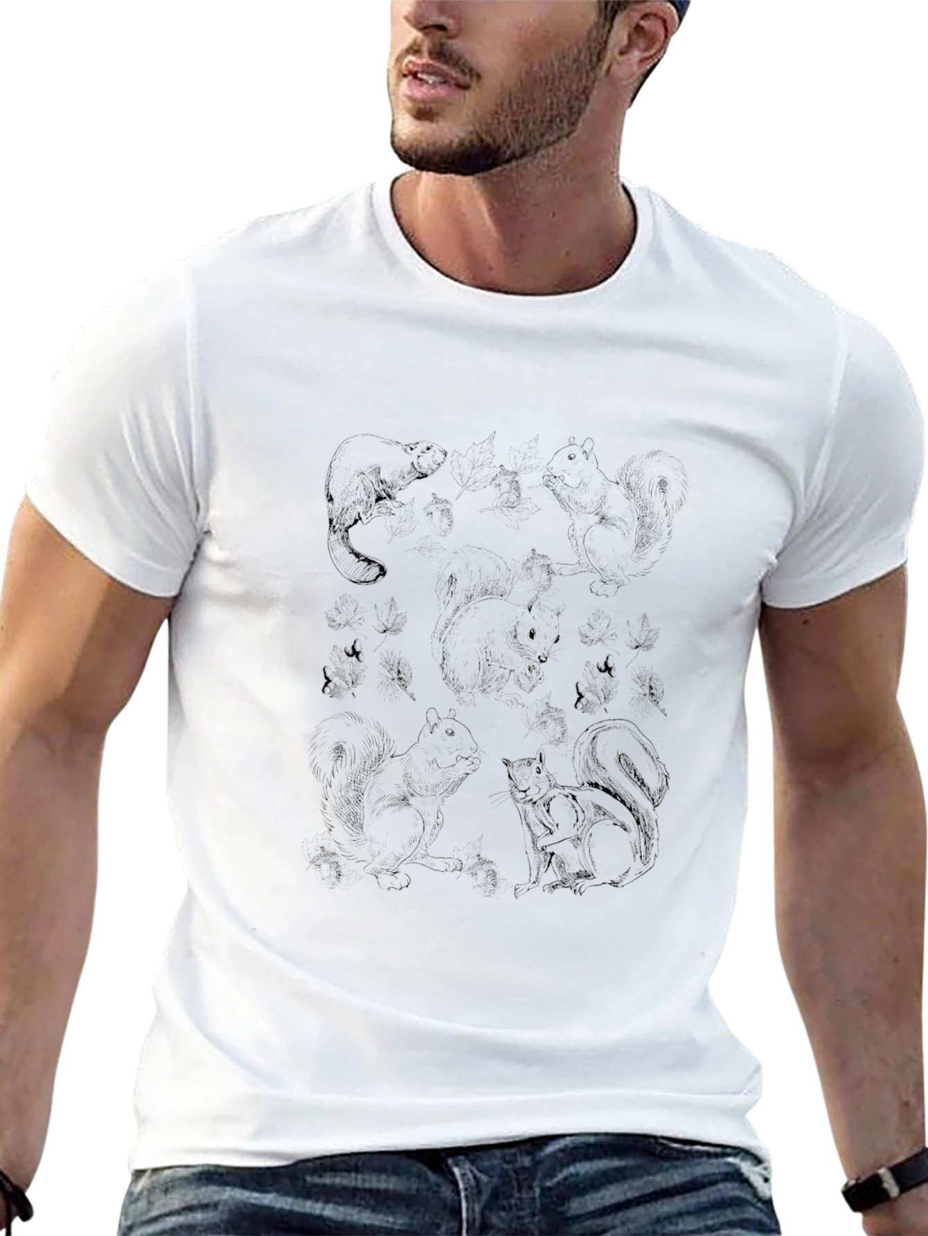 Mens Black T-Shirt with Squirrel and Beaver Print