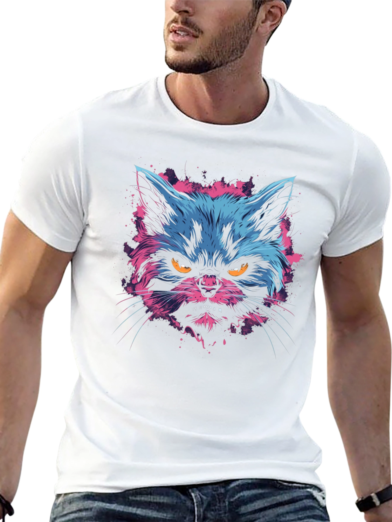 Neon Angry Cat Graphic Print Mens T-Shirt