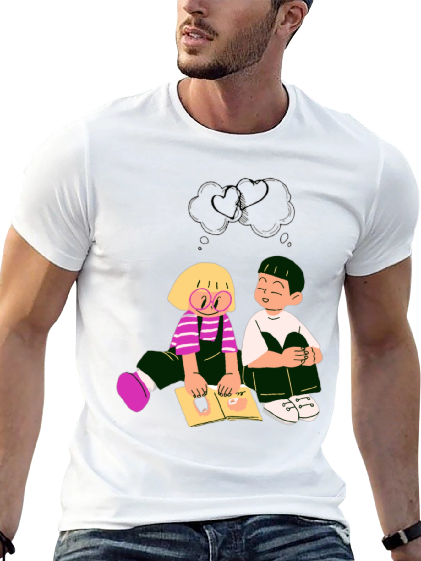 Cartoon Kids Reading Black Tee