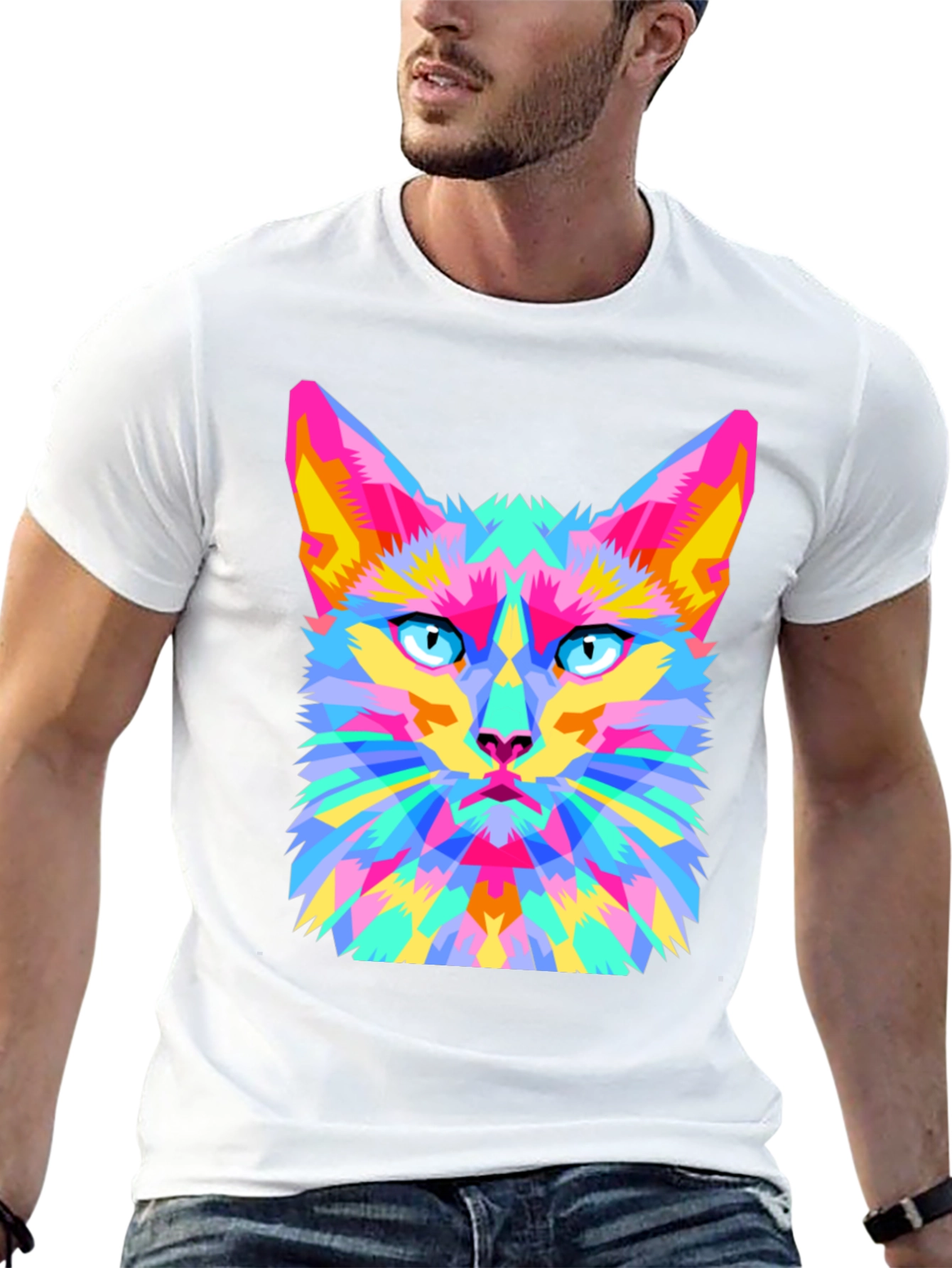 Geometric Cat Graphic Tee - Stylish & Unique