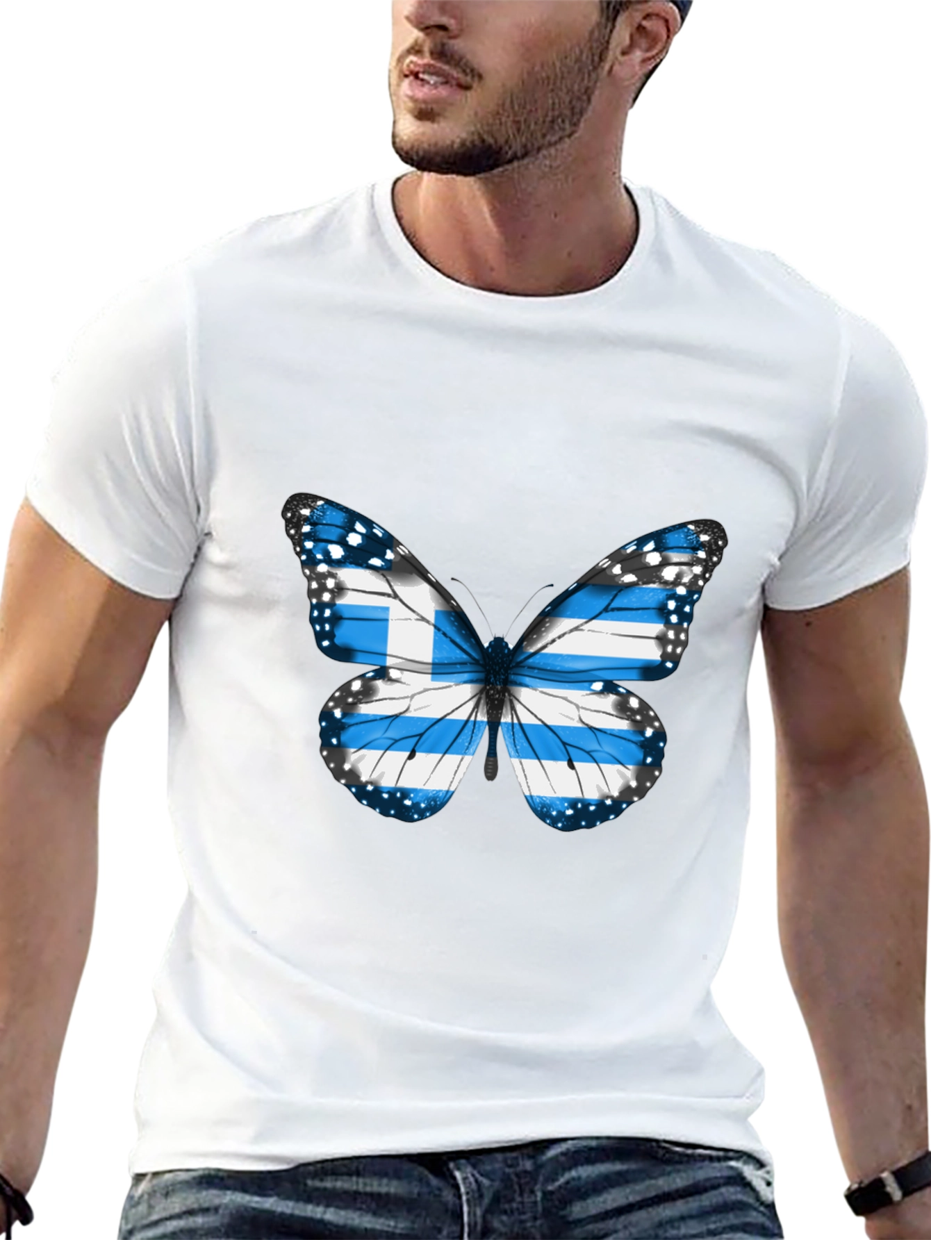 Greece Flag Butterfly Black T-Shirt