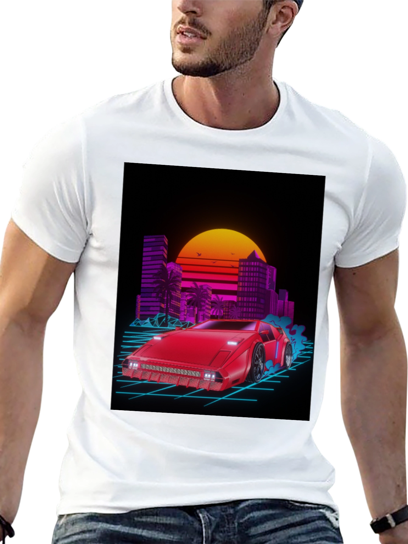 Retro Wave Red Car Graphic Tee - Black