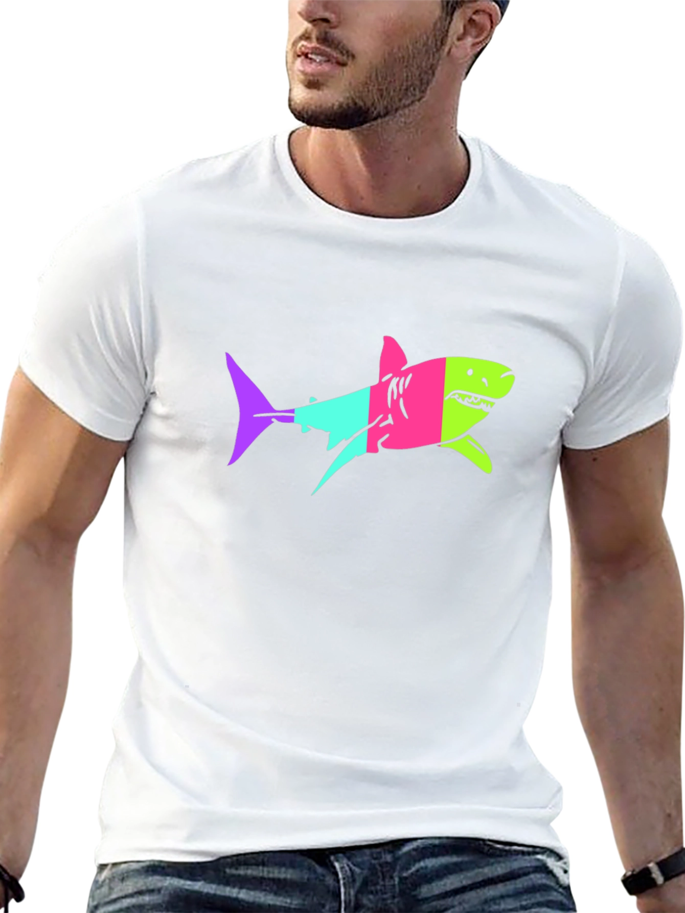 Neon Shark Graphic Print Black T-Shirt