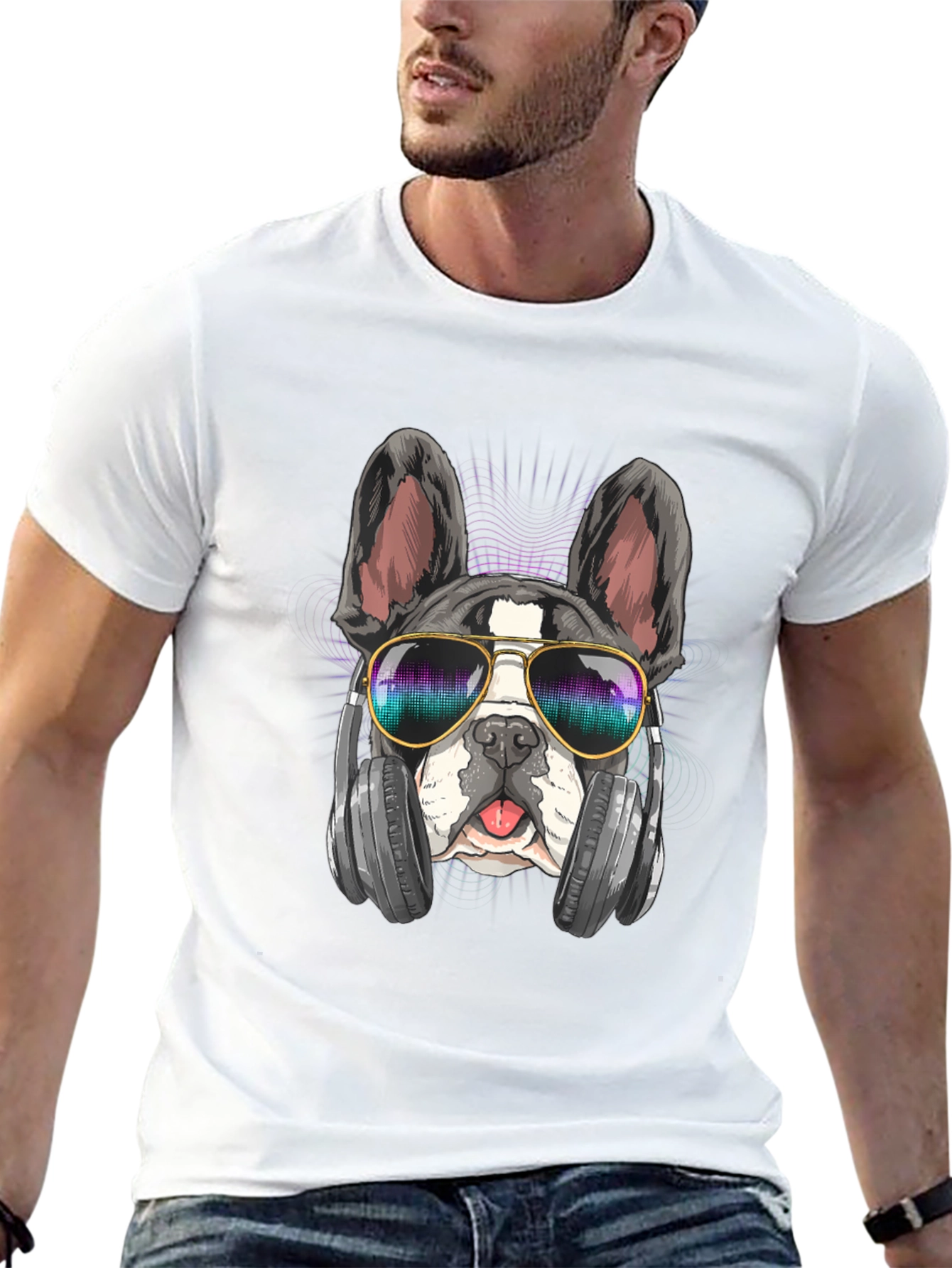 Cool Dog Graphic Tee: Music Lover Bulldog