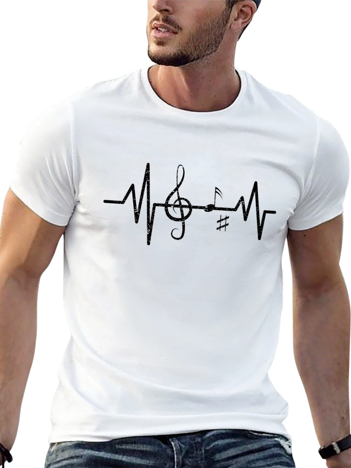 Musical Heartbeat Graphic Tee - Black Cotton T-Shirt