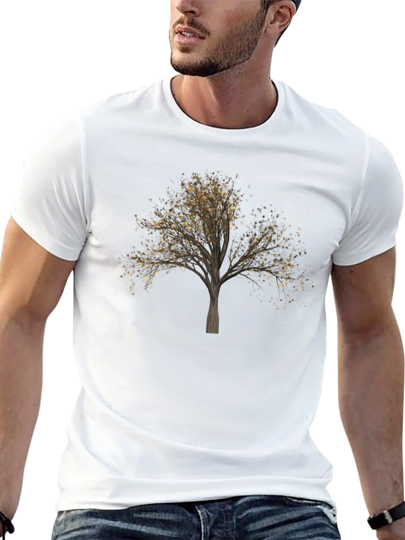 Golden Leaf Tree Graphic T-Shirt - Nature Inspired Design