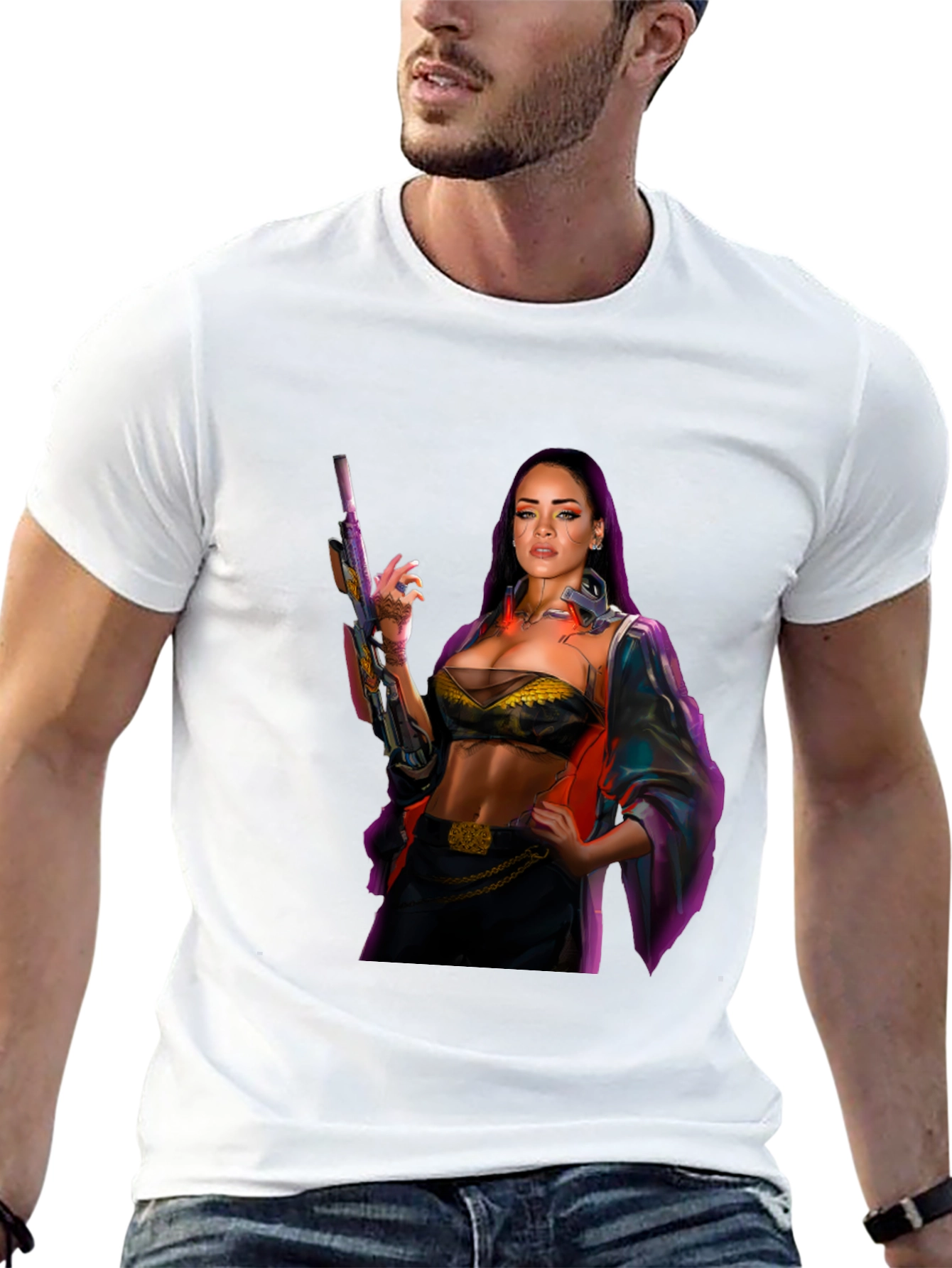 Cyberpunk Style Woman with Gun Graphic T-Shirt