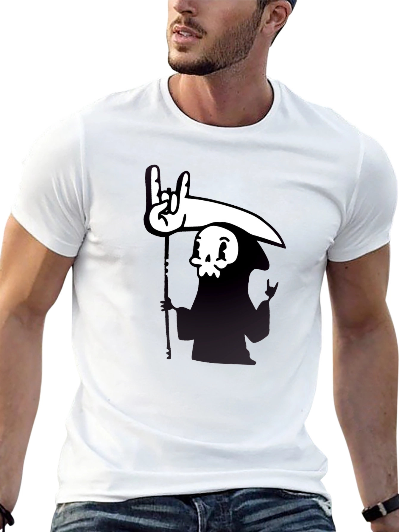 Cartoon Grim Reaper Rock On Graphic Tee - Black