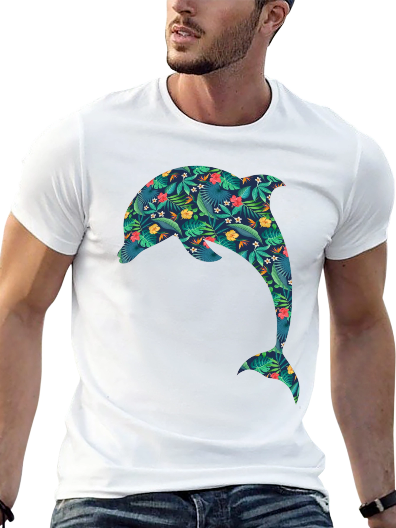 Tropical Dolphin Print Black T-Shirt