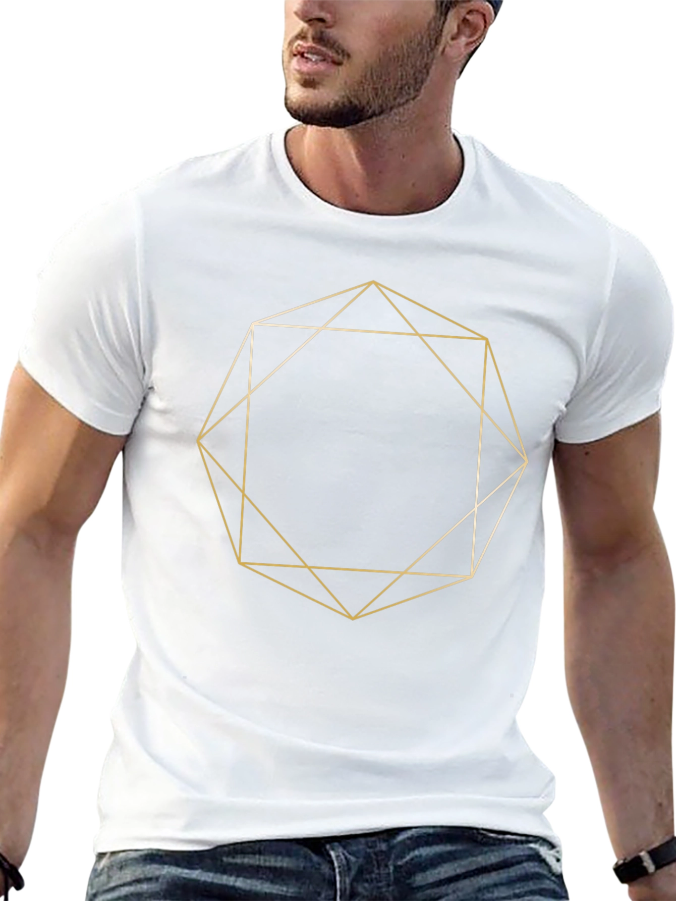 Geometric Gold Line Art Black T-Shirt