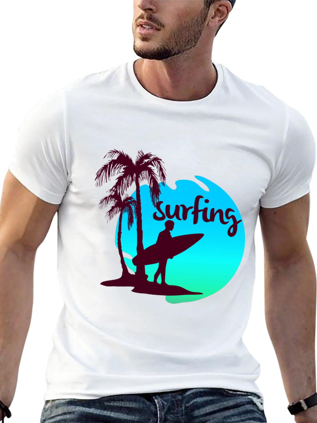 Surfing T-Shirt - Palm Tree Beach Design