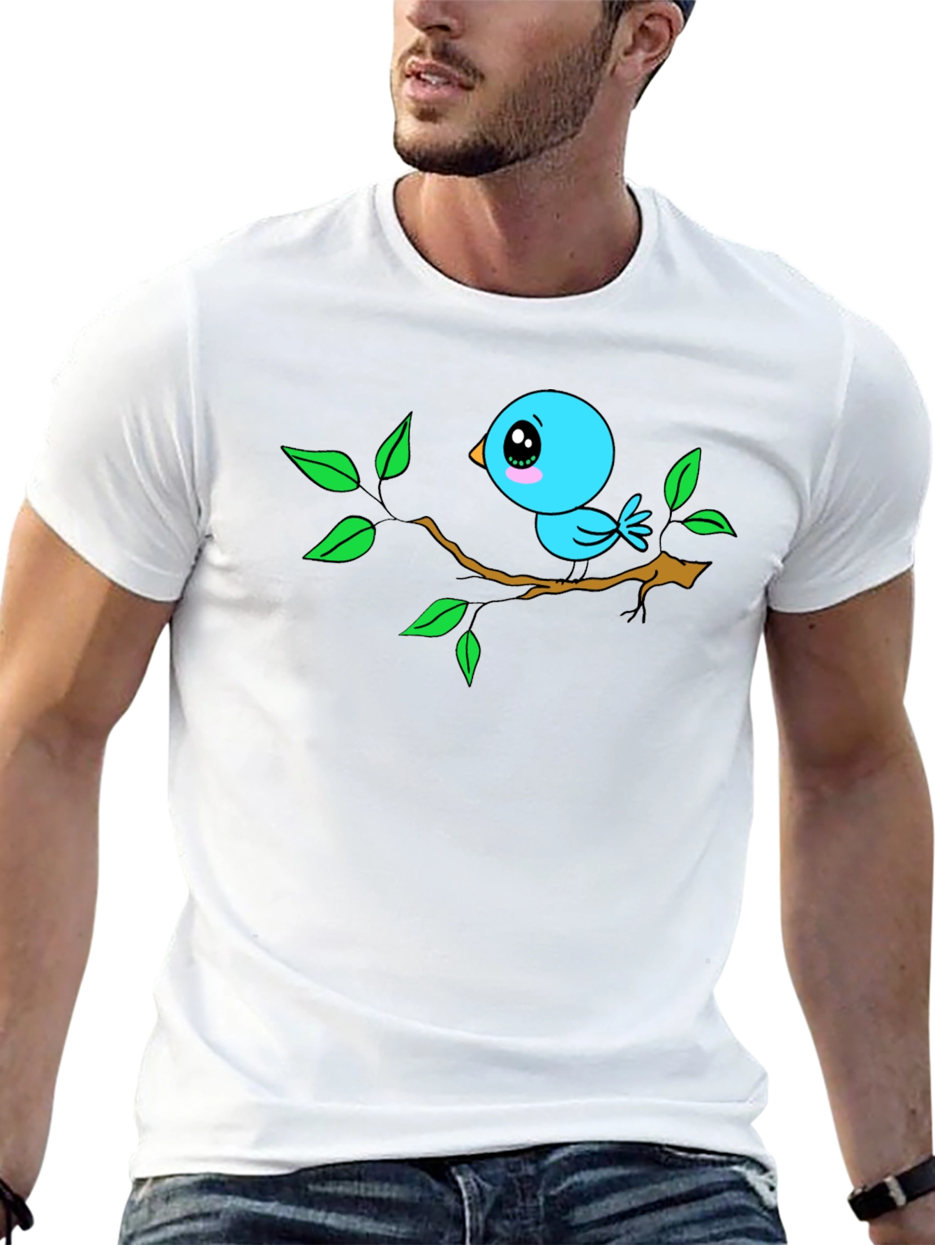 Cartoon Bird on Branch Black T-Shirt