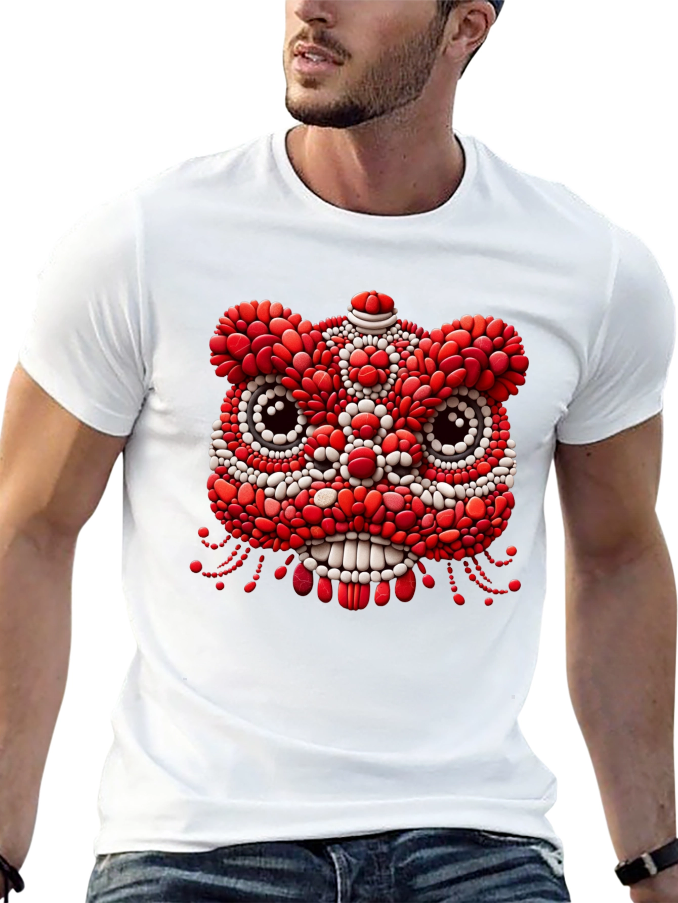 Unique Black T-Shirt with Red & White Lion Design