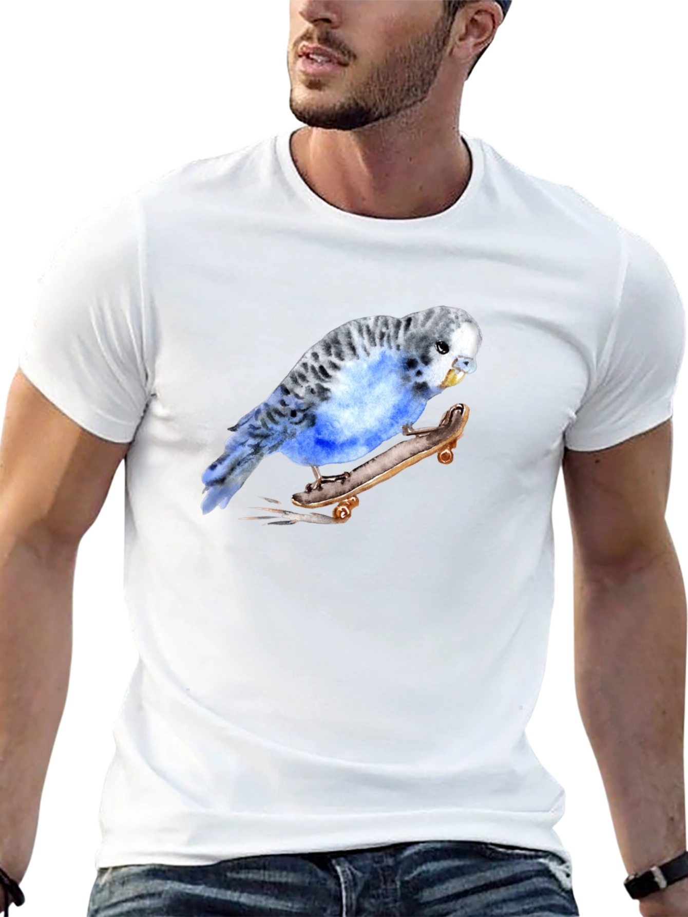Parakeet Skateboard Graphic Tee - Unique Bird Lover Design