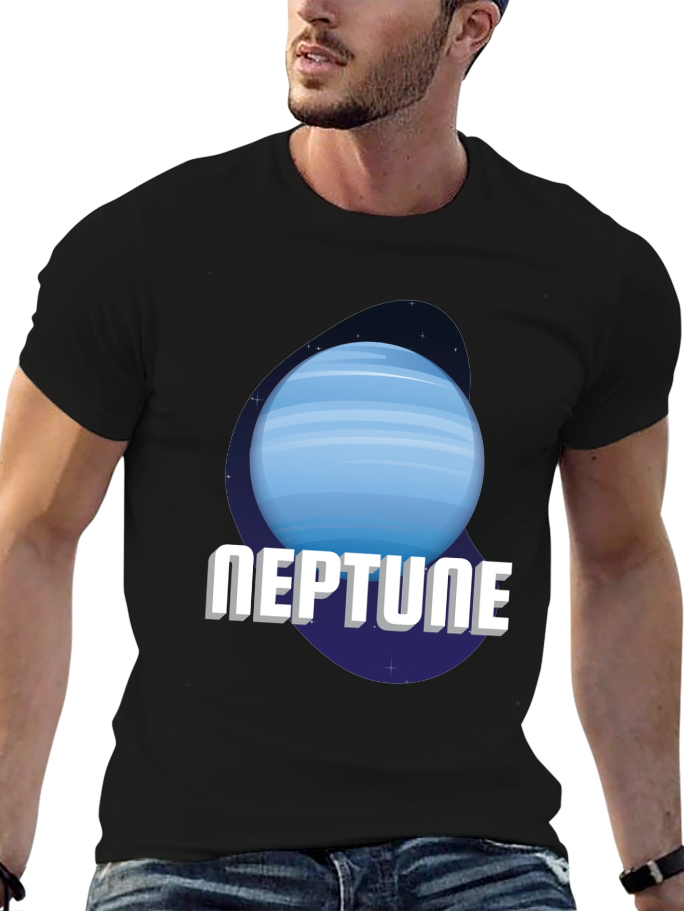 Neptune Planet Graphic Tee - Black Cotton T-Shirt