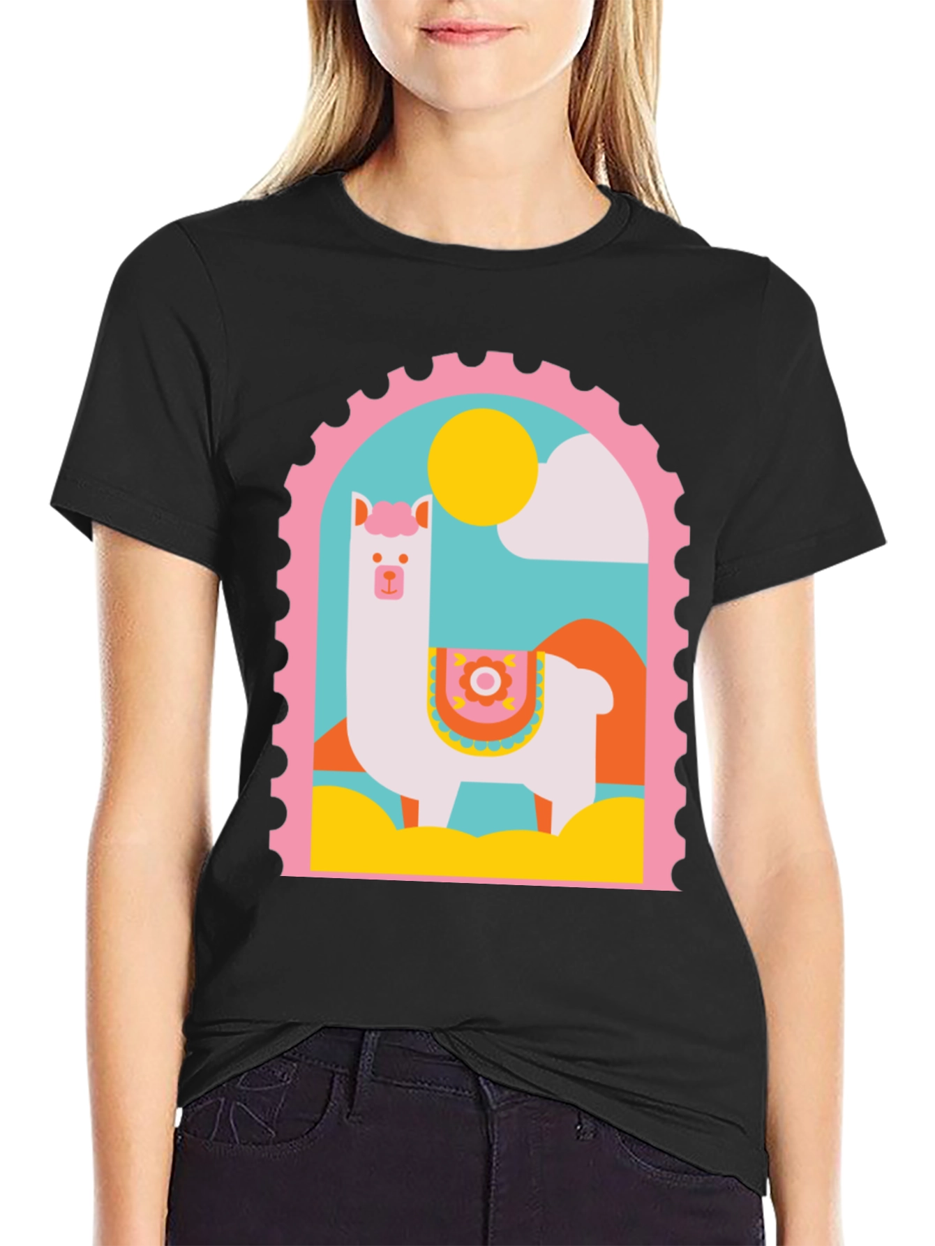 Llama Stamp Graphic Tee - Trendy Casual Top