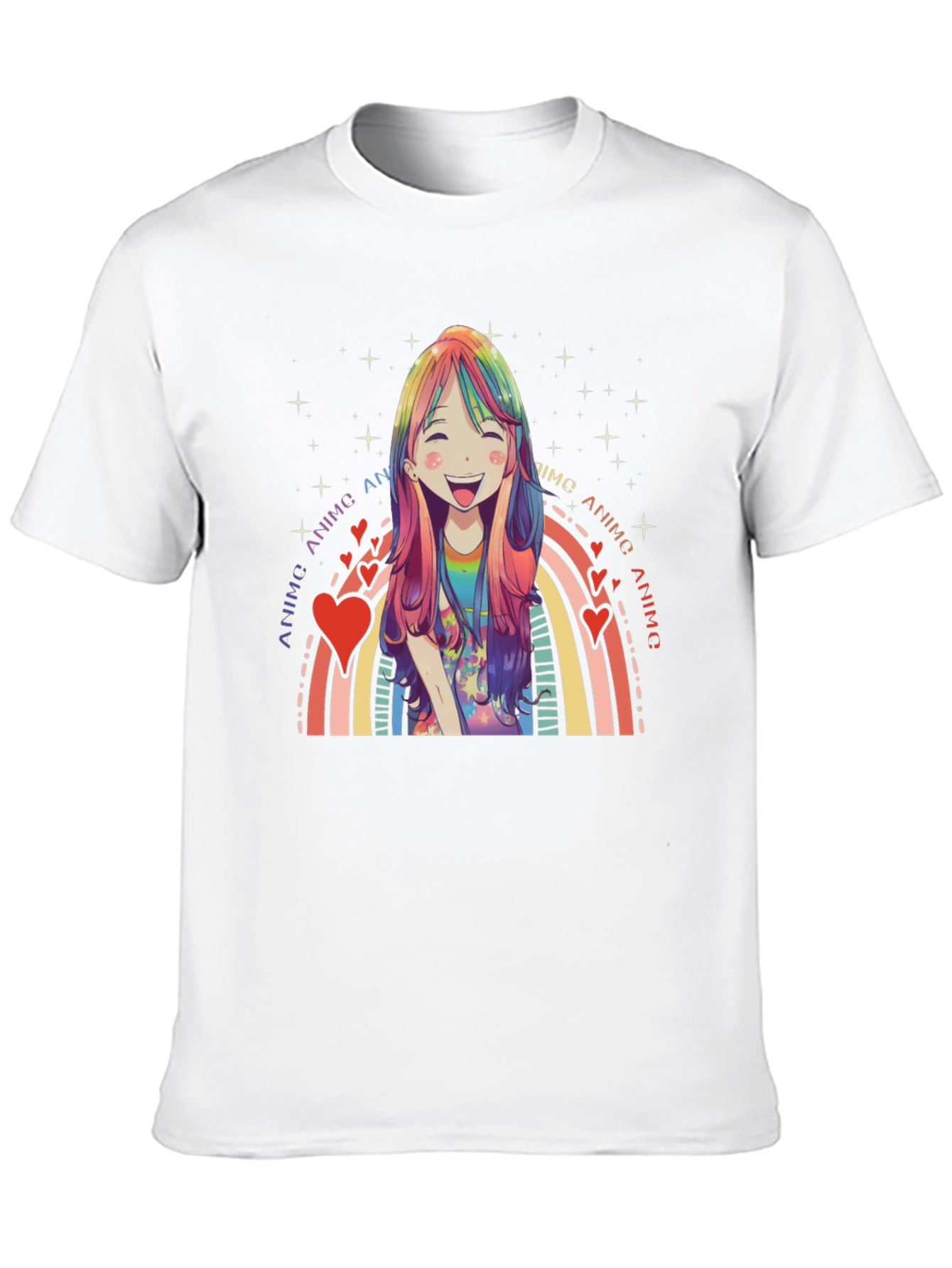 Anime Rainbow Heart Graphic Black T-Shirt