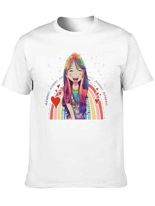 Anime Rainbow Heart Graphic Black T-Shirt