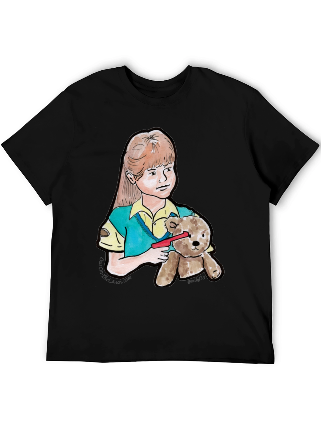 Girl With Teddy Bear Black T-Shirt