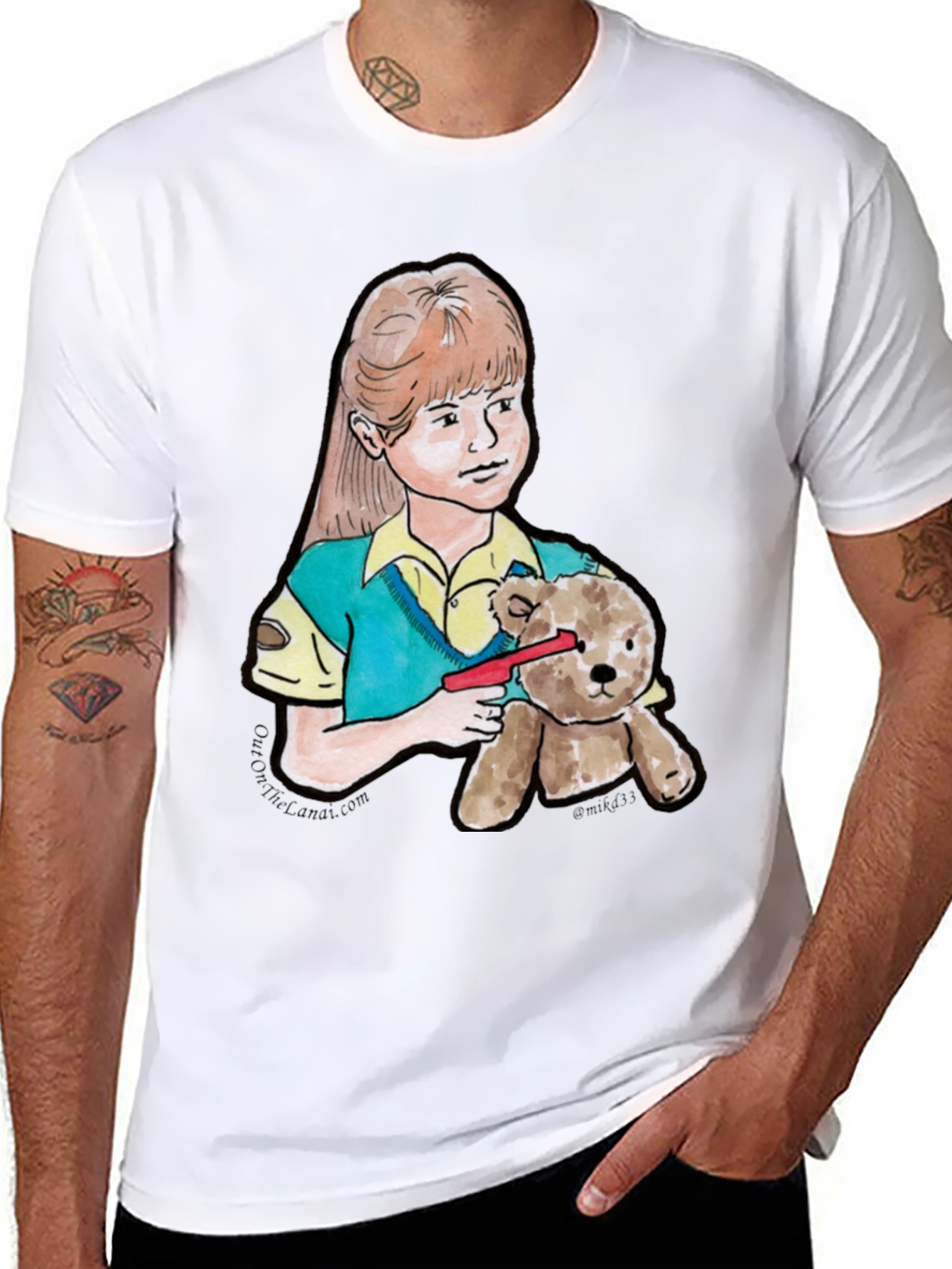 Girl With Teddy Bear Black T-Shirt