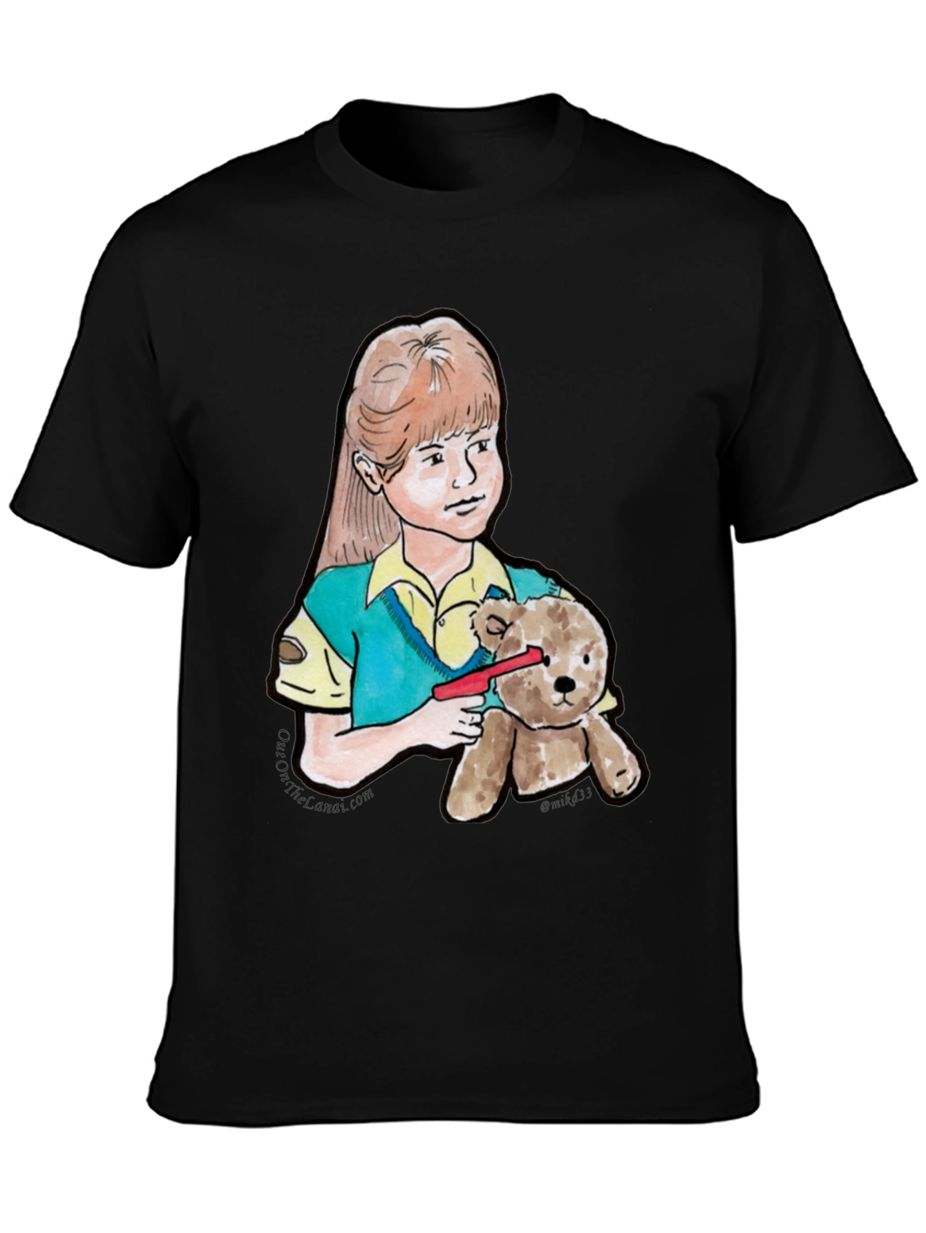 Girl With Teddy Bear Black T-Shirt