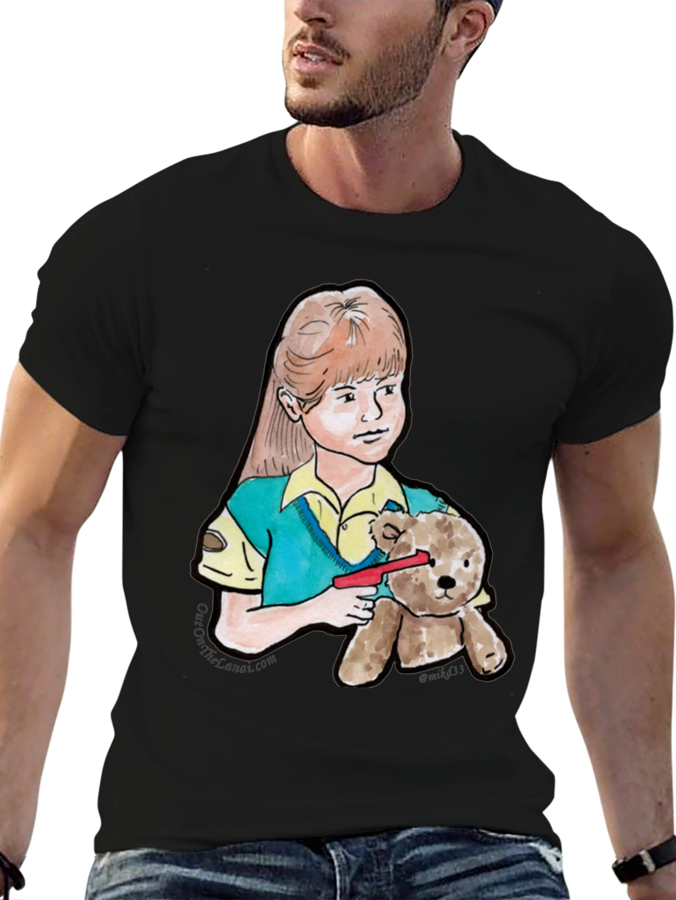 Girl With Teddy Bear Black T-Shirt