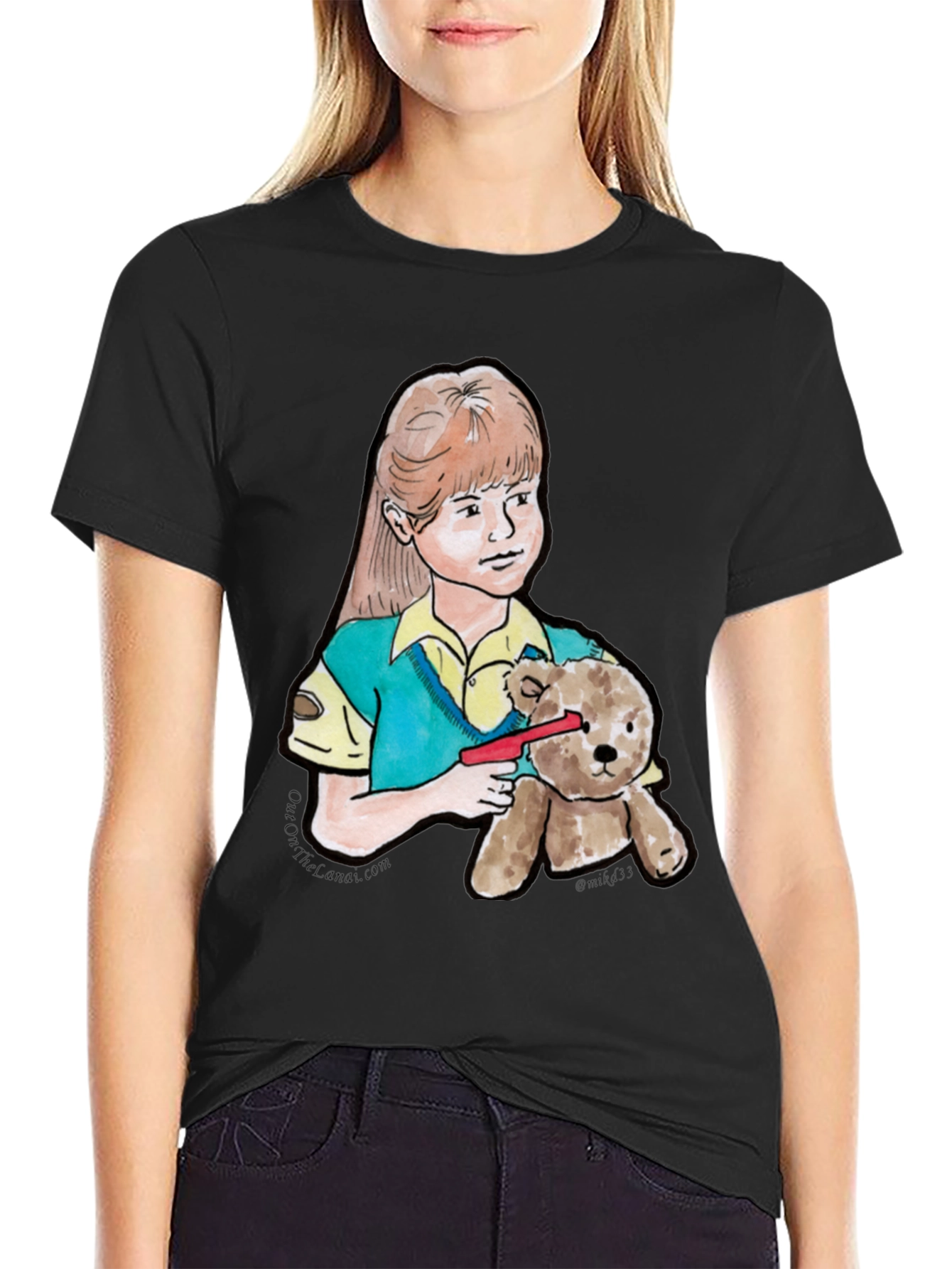 Girl With Teddy Bear Black T-Shirt