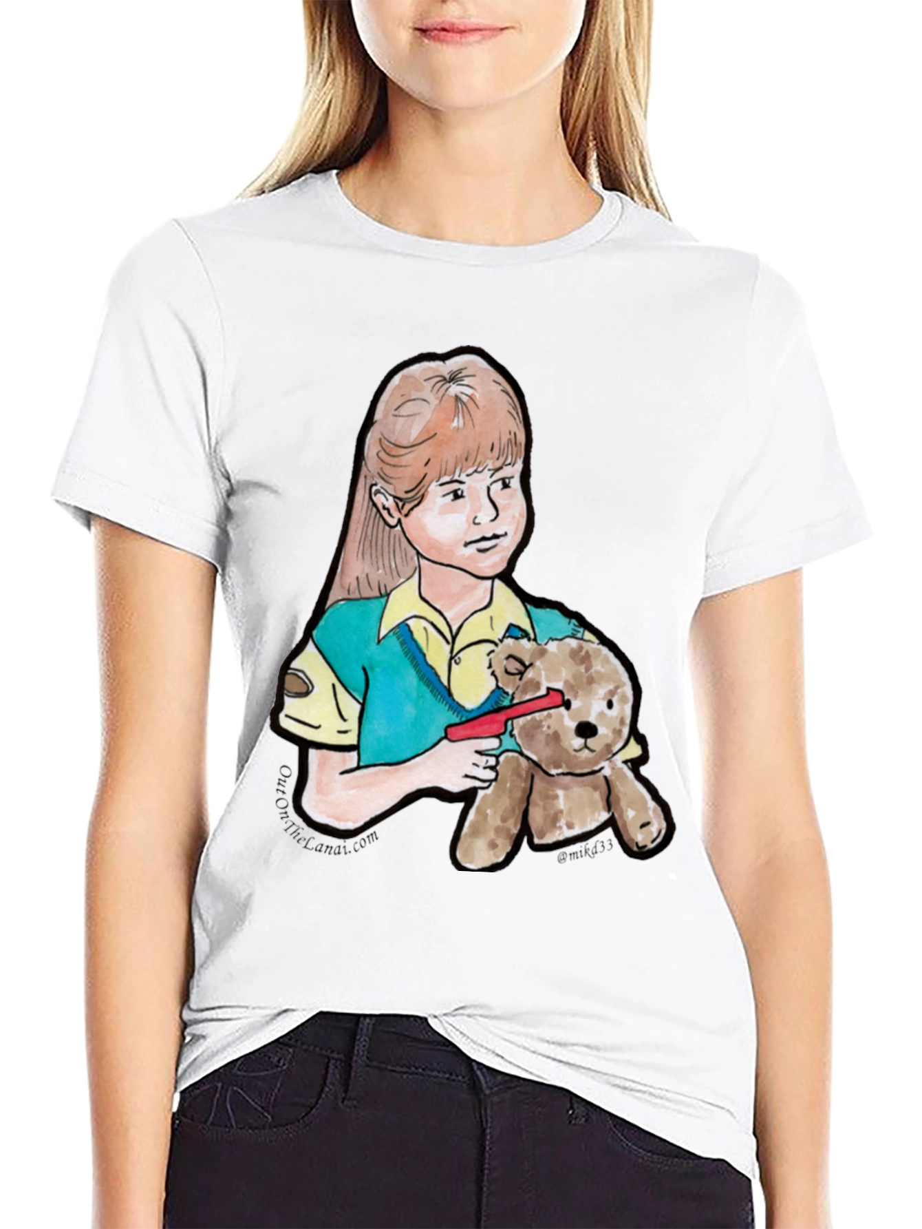 Girl With Teddy Bear Black T-Shirt