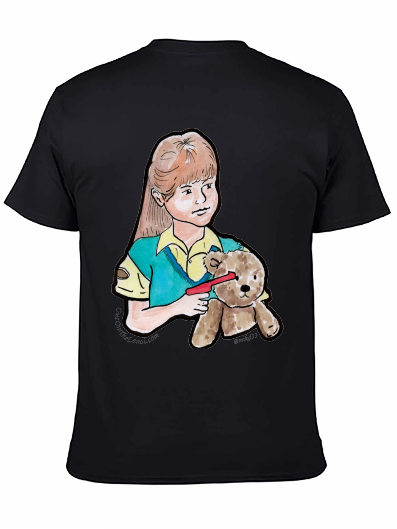 Girl With Teddy Bear Black T-Shirt