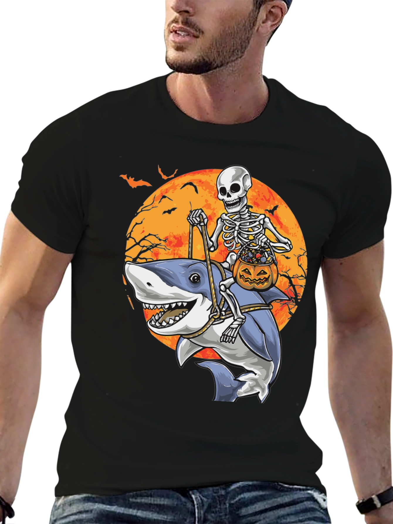 Skeleton Riding Shark Halloween T-Shirt