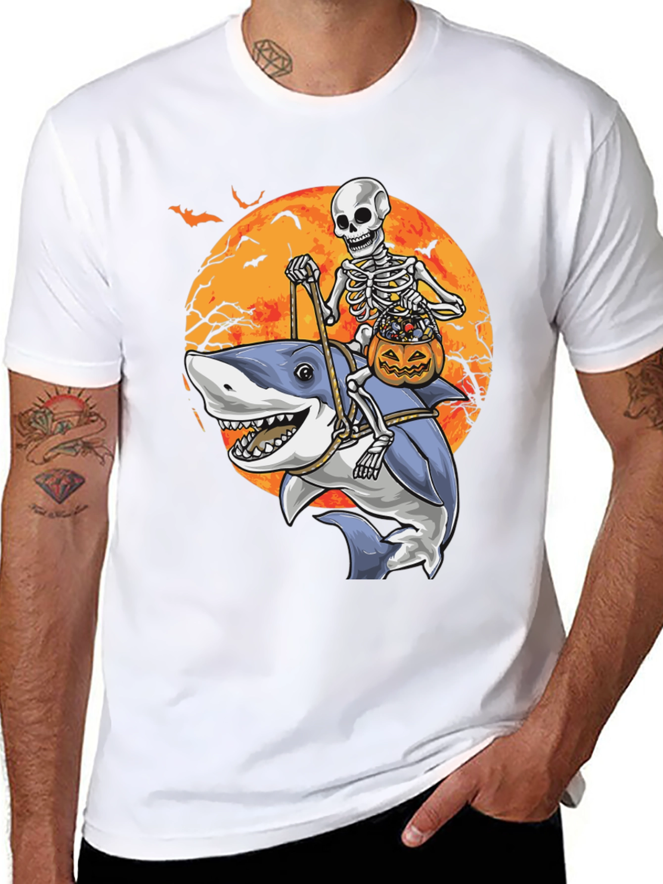 Skeleton Riding Shark Halloween T-Shirt