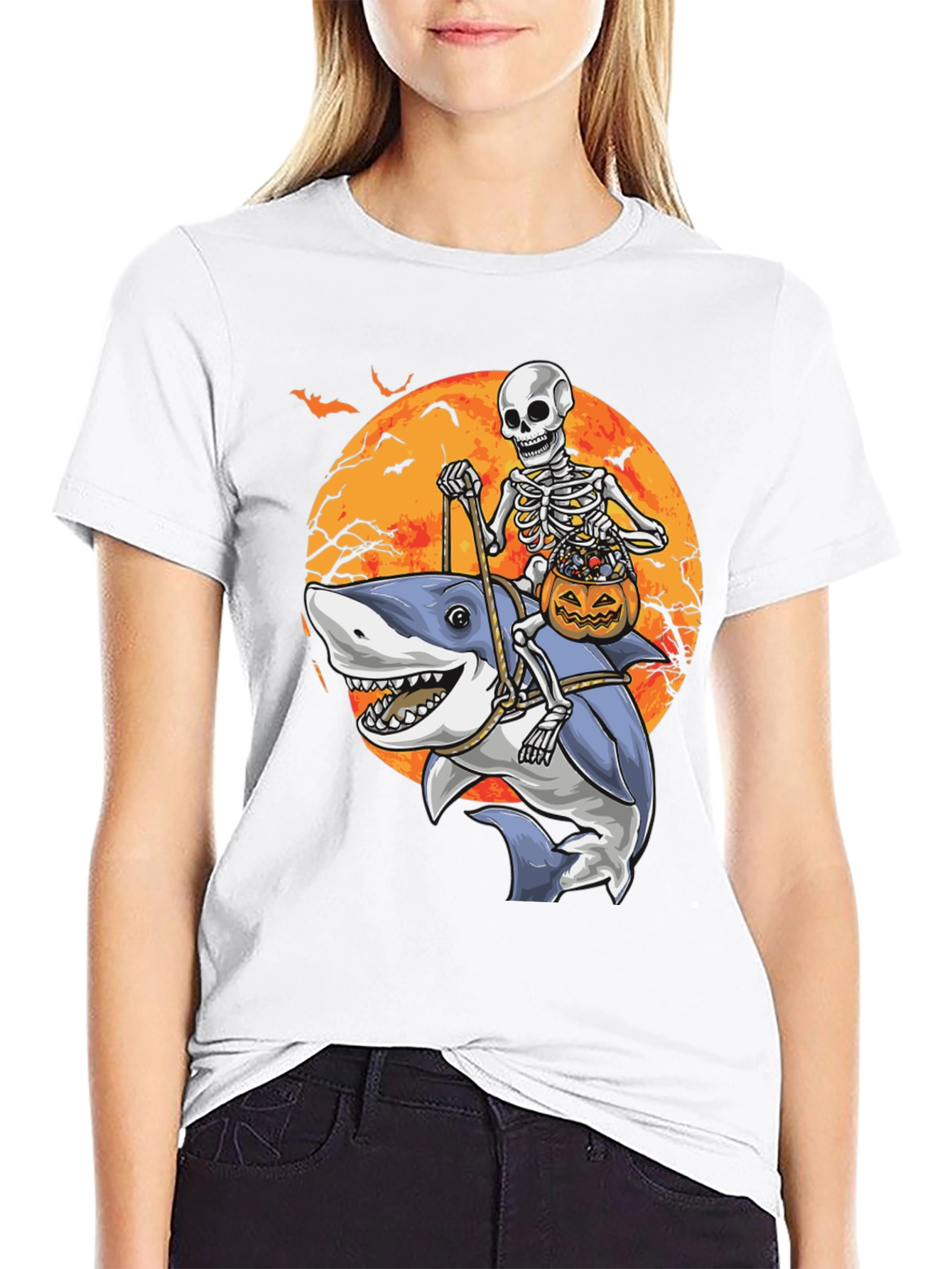 Skeleton Riding Shark Halloween T-Shirt