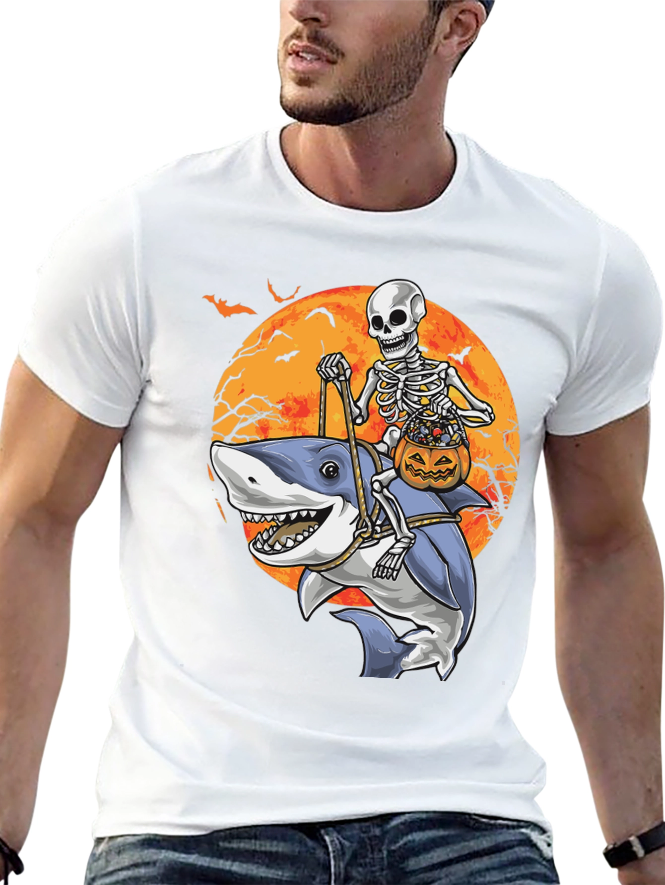 Skeleton Riding Shark Halloween T-Shirt