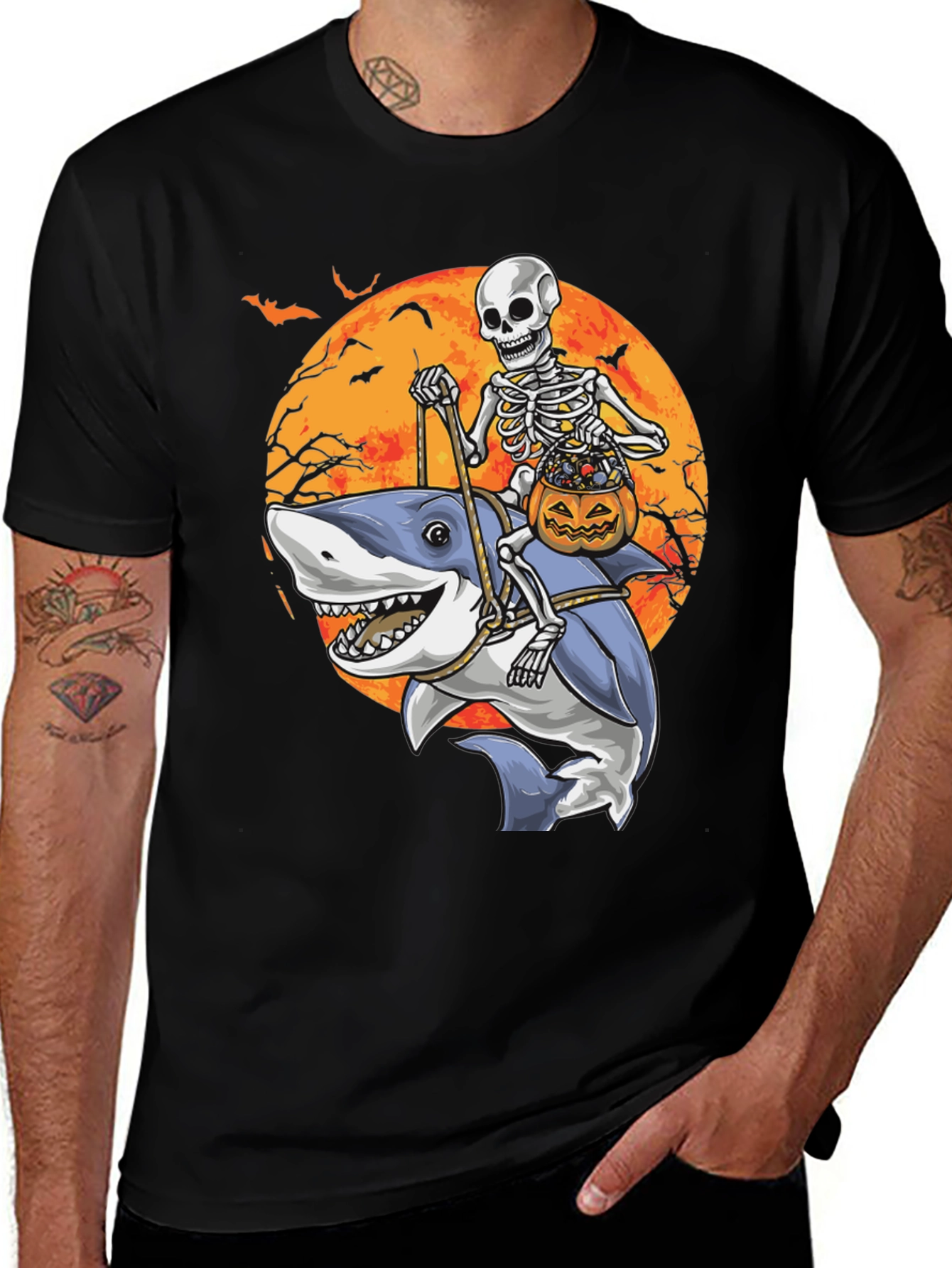Skeleton Riding Shark Halloween T-Shirt