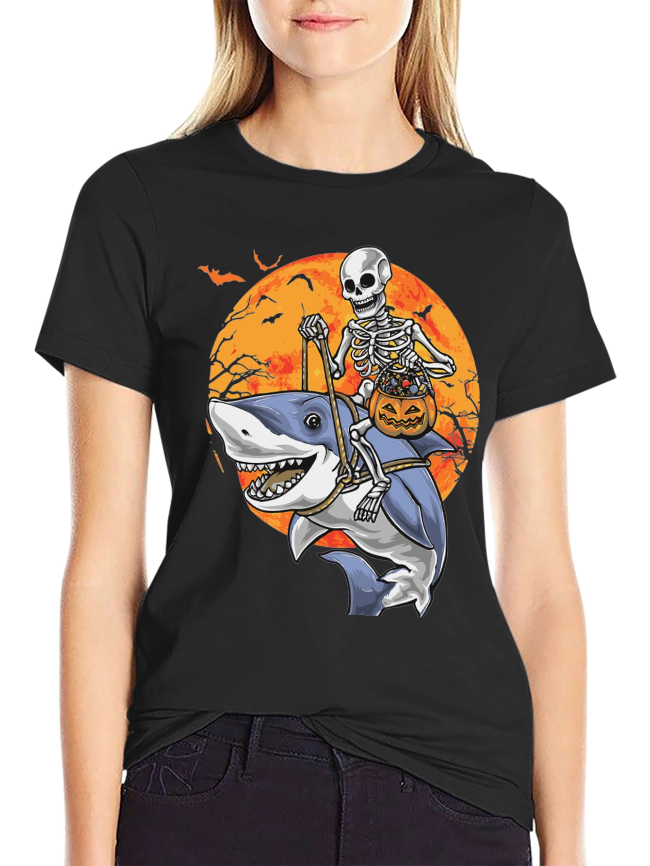 Skeleton Riding Shark Halloween T-Shirt